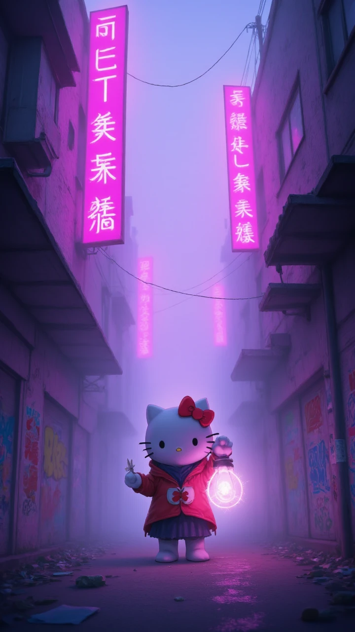 aidmaIllustriousStyle,  A digital illustration of Hello Kitty in a dystopian cityscape. The buildings are dilapidated and covered in graffiti, with heavy fog hanging low. Neon signs flicker above, casting bright but fragmented pink and purple lights onto the street. Hello Kitty stands in the center, wearing a futuristic cloak, holding a glowing lantern that cuts through the fog, creating a somber and surreal visual.