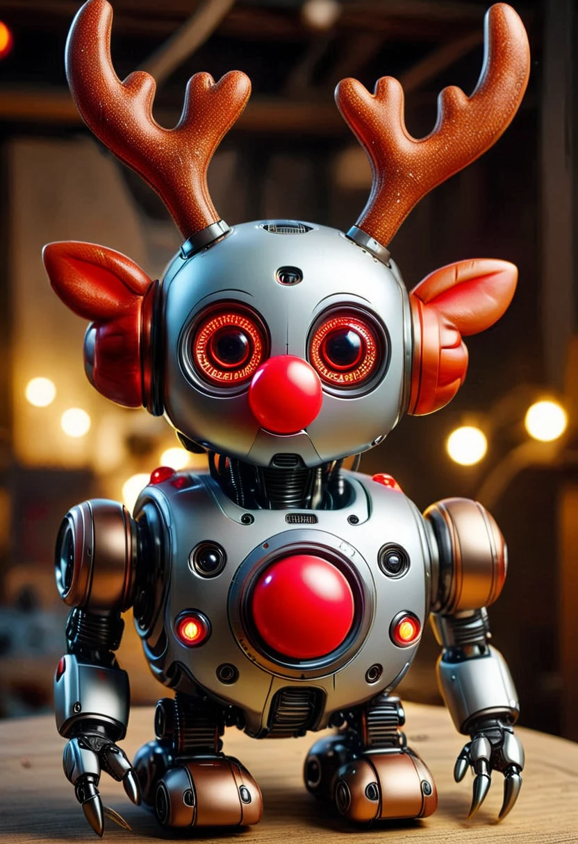 RUD0LPH1, medium full shot of a cute robot, antlers, glowing red plastic nose, big eyes, set in a christmas factory, , realistic, raw photo, intricated details, dynamic, best quality