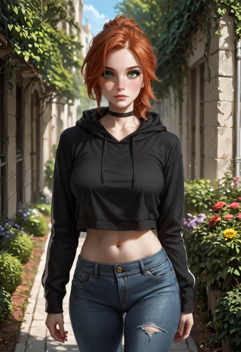safe_pos, PonyScores7 BREAK [white|Asian], [Susan|Laura|Jane|Nadine], 1girl, 30 year old, fit, woman, short auburn ponytail, freckles, green eyes, black eyeliner, philtrum, beautiful eyelashes, (saggy), medium breasts BREAK walking BREAK relaxed, Expressiveh BREAK black choker, hoodie, jeans BREAK garden, sundown BREAK photorealistic, realistic, portrait, intricate details, detailed face, detailed eyes, realistic skin, detailed hair, natural lighting BREAK CalmFD, Stable_Yogis_PDXL_Positives, <lora:abs slider_last:0.1>, <lora:breasts_size_slider_pdxl_goofy:1>, <lora:Calmlike_V3:1>, <lora:Expressive_H:0.75>, <lora:Super_Multi_Detailer_By_Stable_Yogi_A1:0.8>, <lora:Super_Skin_Detailer_By_Stable_Yogi_PD0_V1:0.8>