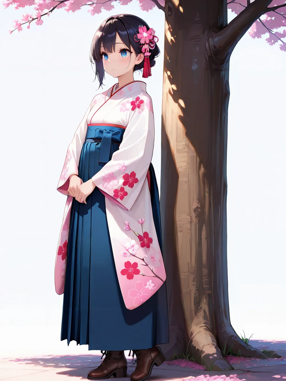 masterpiece,amazing quality,best quality,ultra-detailed,8K,illustration,CG,shiny hair,clear skin,ultra-detailed-eyes,simple background,cute girl, eyelashes <lora:furisode hakama_illustrious_V1.0:0.7> furisode, hakama, floral print, hair ornament,cherry blossom,outdoor,tree,spring