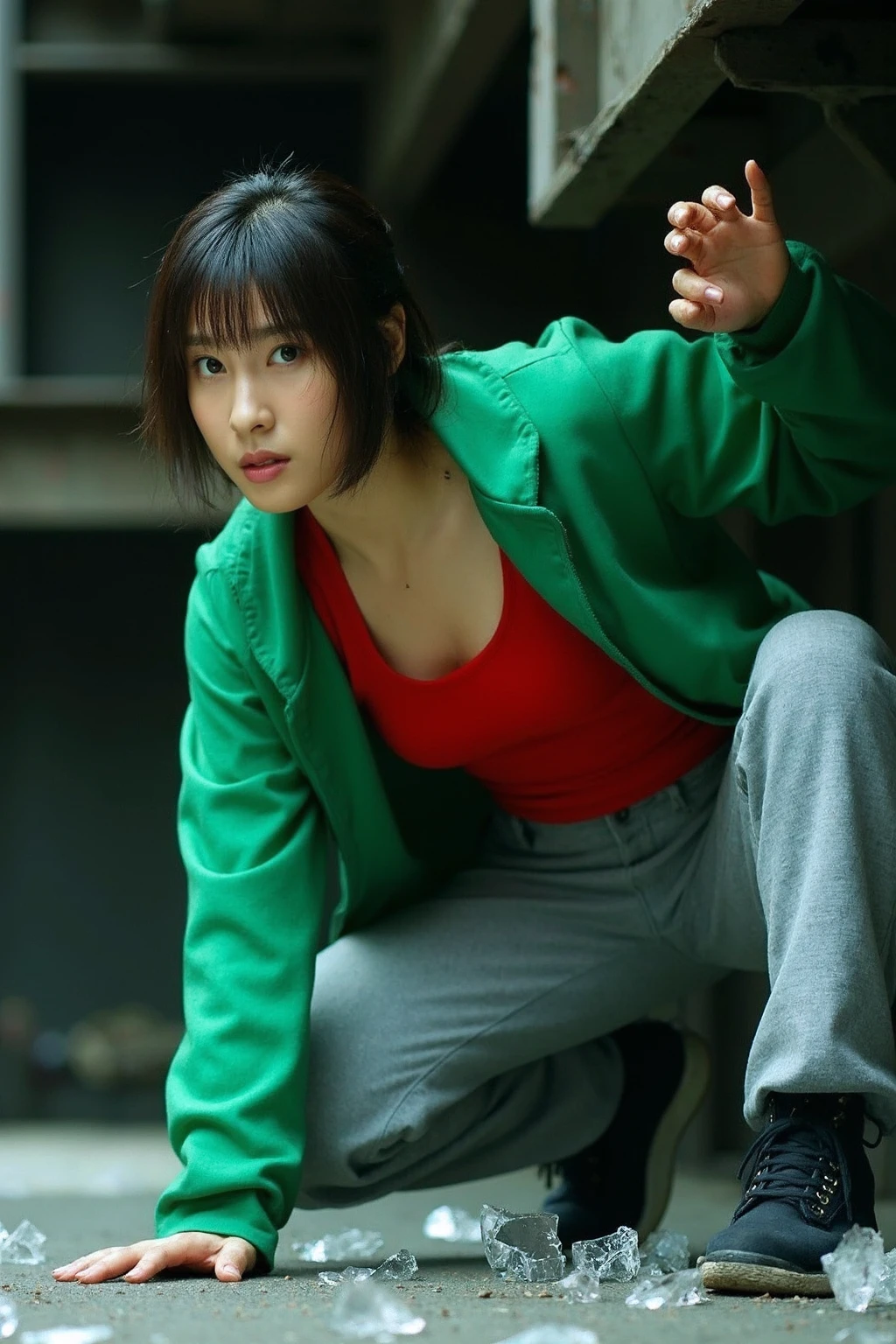 In this image, a young slim asian woman with short bob messy hair wearing a green sports jacket over a red tank top and gray sport pants,  is positioned dynamically, suggesting agility and action. She is crouched or balanced with one leg bent and raised slightly, while her other leg is firmly planted, providing stability. Her left hand is gripping what appears to be a ledge or structure above her, as if she is either climbing, pulling herself up, or holding on for balance. Her body leans forward slightly, giving a sense of movement and tension.
Her facial expression shows focus and determination, with her gaze directed intensely toward something or someone off-camera. The combination of her strong posture and intense expression suggests she is in a challenging or high-energy situation, possibly evoking themes of survival, combat, or escape.
The environment around her includes broken glass and a dark, industrial or urban setting, adding to the sense of danger or adventure. This pose and context give her an empowered, resilient demeanor, as though she is prepared to face a significant challenge.  ,<lora:flux_realism_lora:1>, <lora:makinaflux_tsuchiyatao_v1.0:1>