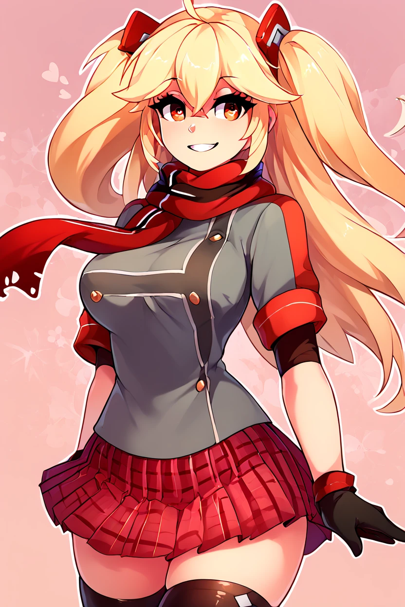 score_9, score_8_up, score_8, medium breasts, (curvy), cute, eyelashes,       ,,, , ,,, zzBlucher, red eyes, hair between eyes, ahoge, blonde hair, hair ornament, long hair, twintails, two side up, scarf, gloves, large breasts, red scarf, black gloves, plaid skirt, grey shirt, double-breasted, pleated skirt, black thighhighs, miniskirt,  <lora:Blucher_Azurlane_PDXL:1.0>,  ,,,, BREAK, smile, looking at viewer, ,,, abstract background, white outline, cowboy shot, ,,, embedding:zPDXL, Expressiveh, ,,, <lora:theOtherHalfPDXL:0.8>, <lora:CatalystStylePDXL:0.6>, <lora:SDXLFaeTastic2400:0.5>, <lora:Expressive_H-000001:0.4>,