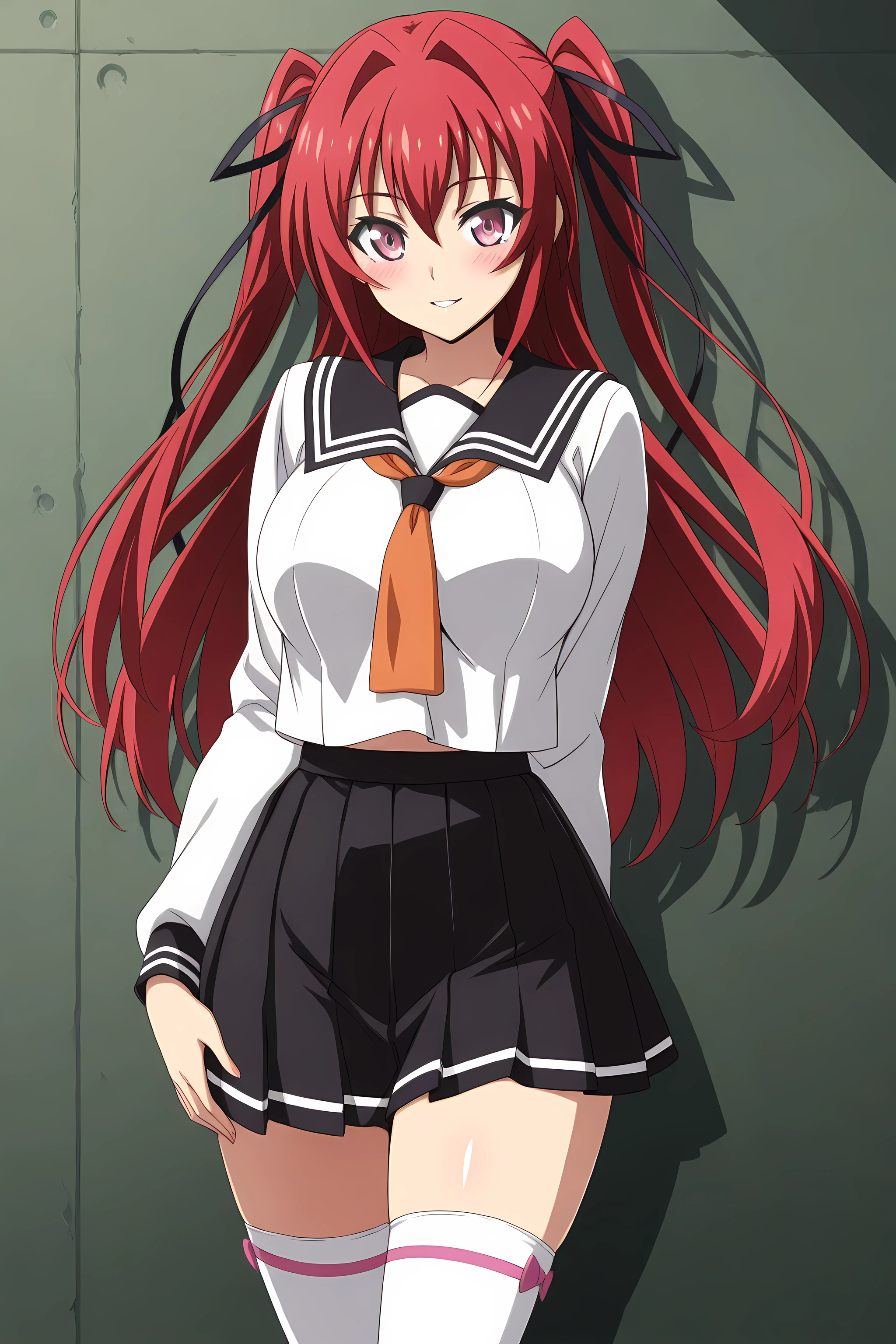 naruse_mio, 1girl, solo, long hair, hair ribbon, red hair, ribbon, school uniform, blush, dark alleyway background, darker lighting, hand on hip, black ribbon, two side up, hair intakes, leaning on the wall, looking at viewer, long sleeves, skirt, sailor collar, bangs, closed mouth, serafuku, shirt, floating hair, orange necktie, black skirt, zettai ryouiki,  pleated skirt, white thighhigh, cowboy shot,  anime coloring, seductive smile, parted lip <lora:Naruse_Mio:1>, (masterpiece),(best quality),(ultra-detailed),(best illustration),(best shadow),(absurdres),(detailed background),(very aesthetic),