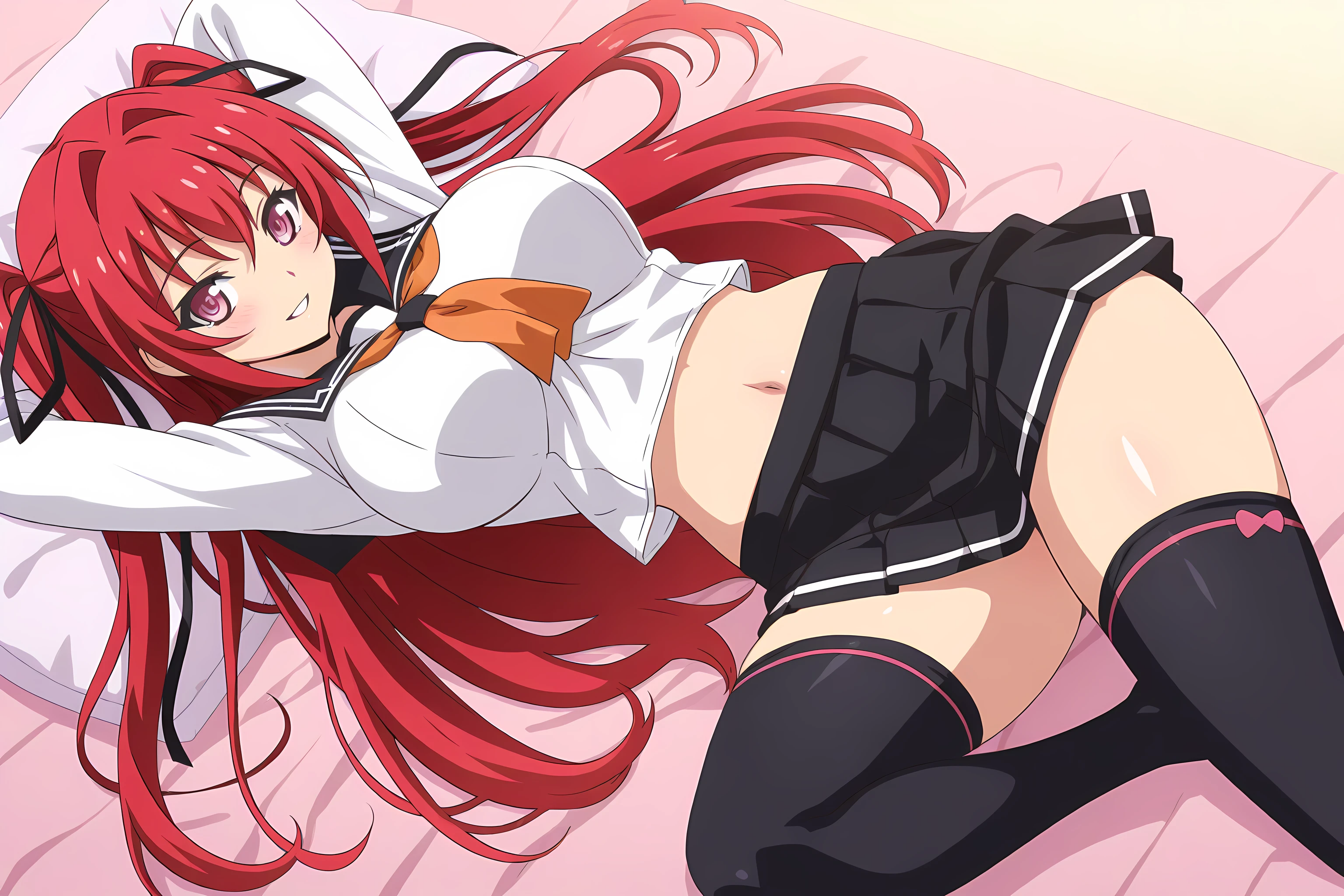 naruse_mio, 1girl, solo, thighhighs, long hair, skirt, red hair, black thighhighs, pillow, large breasts, zettai ryouiki, heart, pleated skirt, looking at viewer, navel, lying, ribbon, hair intakes, arms up, very long hair, on back, hair ribbon, smile, arms behind head, shirt, anime coloring, seductive smile, parted lip <lora:Naruse_Mio:1>, (masterpiece),(best quality),(ultra-detailed),(best illustration),(best shadow),(absurdres),(detailed background),(very aesthetic),