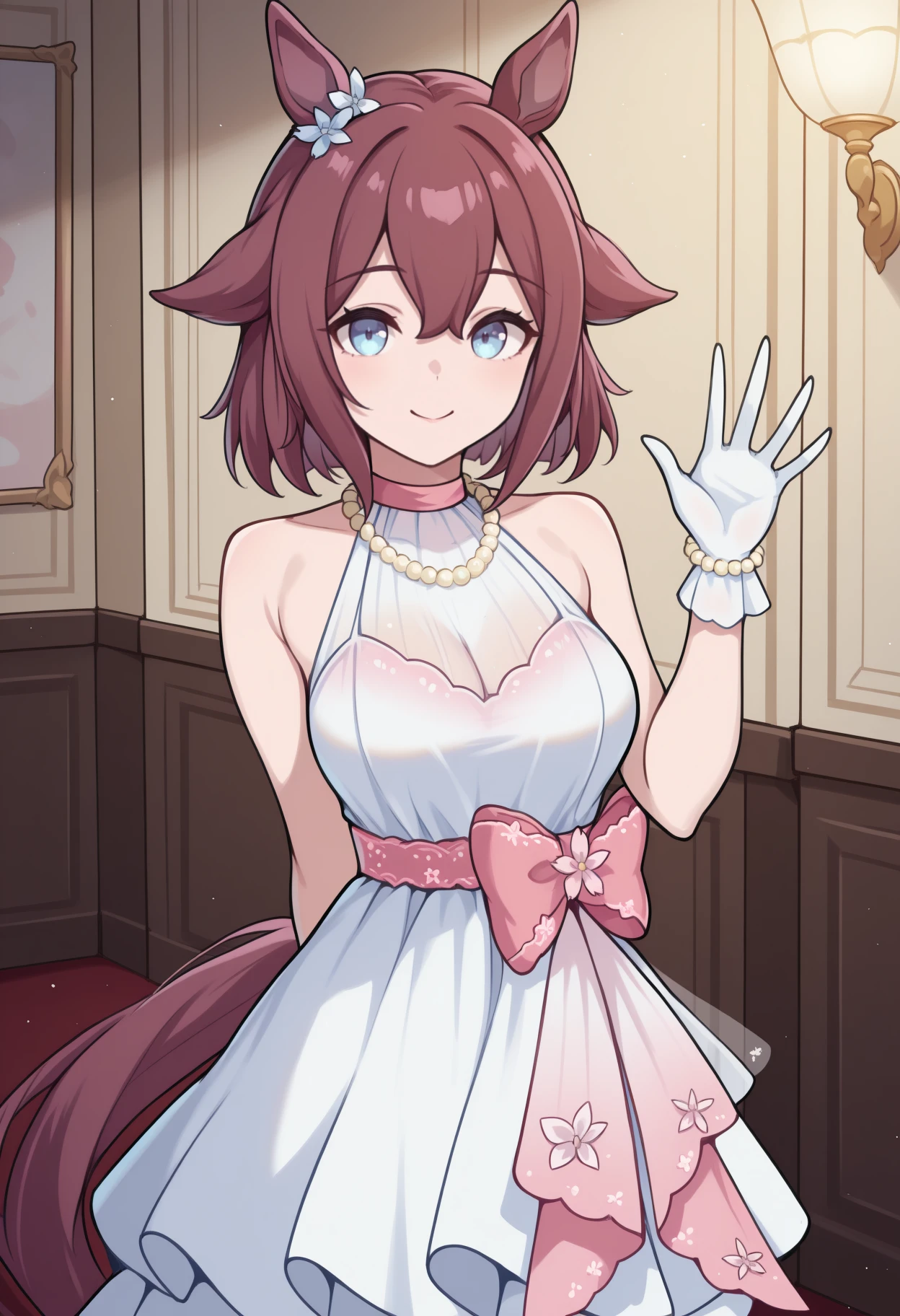 masterpiece, best quality, <break> cowboy shot, solo, 1girl, schynfleur, horse tail, smile, looking at viewer, standing, waving, arm behind back, pink hair, hair between eyes, hair flaps, hair flower, animal ears, blue eyes, white dress, sleeveless dress, see-through cleavage, waist bow, pink bow, white gloves, pearl necklace, bare shoulders, medium breasts, indoors, ballroom, wall lamp
<segment:yolo-Anzhc Face seg 640 v2 y8n.pt,0.4,0.5//cid=1>