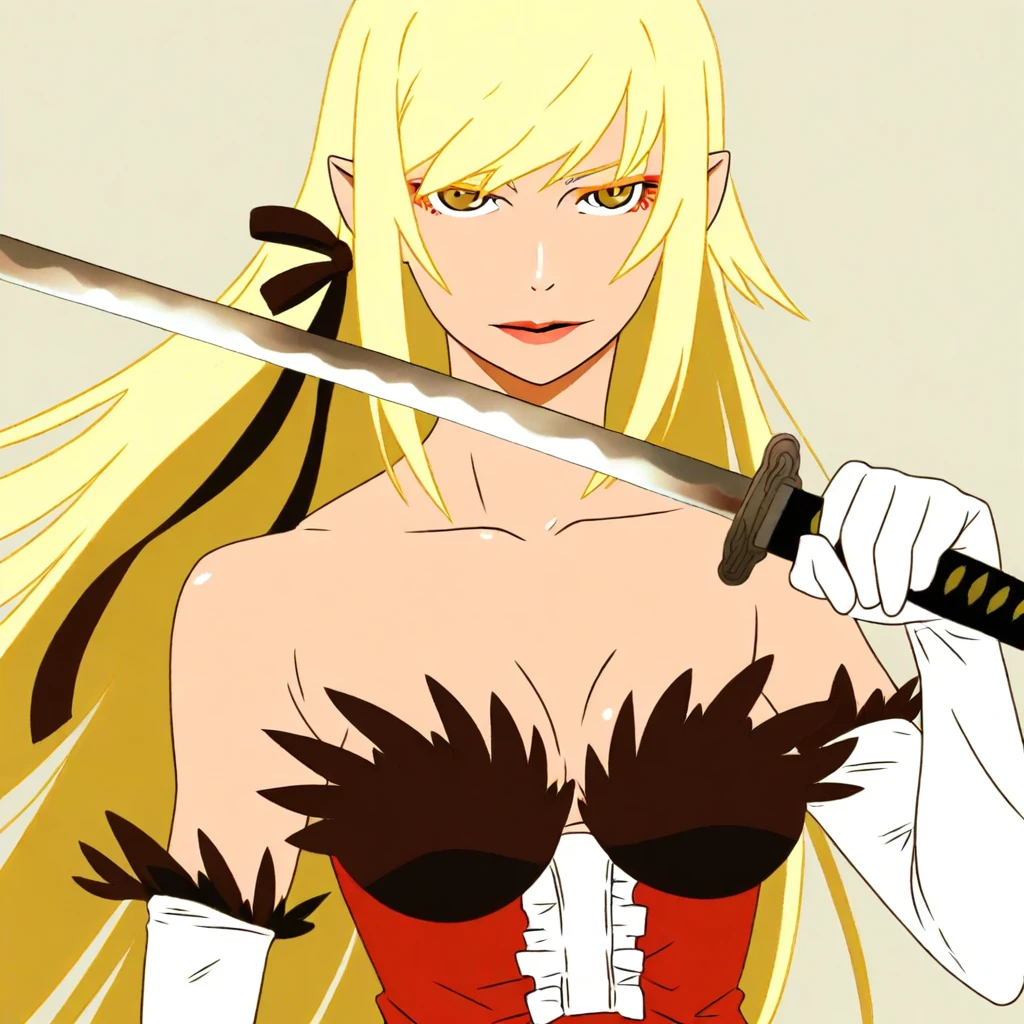 kiss-shot_acerola-orion_heart-under-blade, yellow eyes, long hair, blonde, weapon, holding weapon, sword, katana, dress, elbow gloves, gloves, upper body