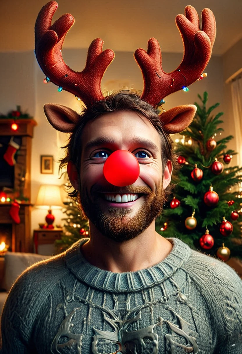 RUD0LPH1, medium full shot of a man RUD0LPH1, antlers, glowing (red plastic nose), smiling, set in a living room, christmas tree, , realistic, raw photo, masterpiece, dynamic, best quality