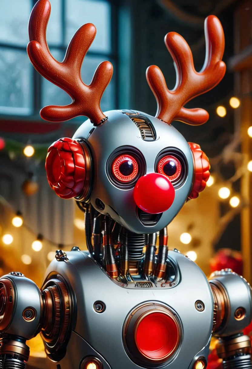 RUD0LPH1, medium full shot of a robot, antlers, glowing red plastic nose, big eyes, set in a christmas factory, , realistic, raw photo, intricated details, dynamic, best quality