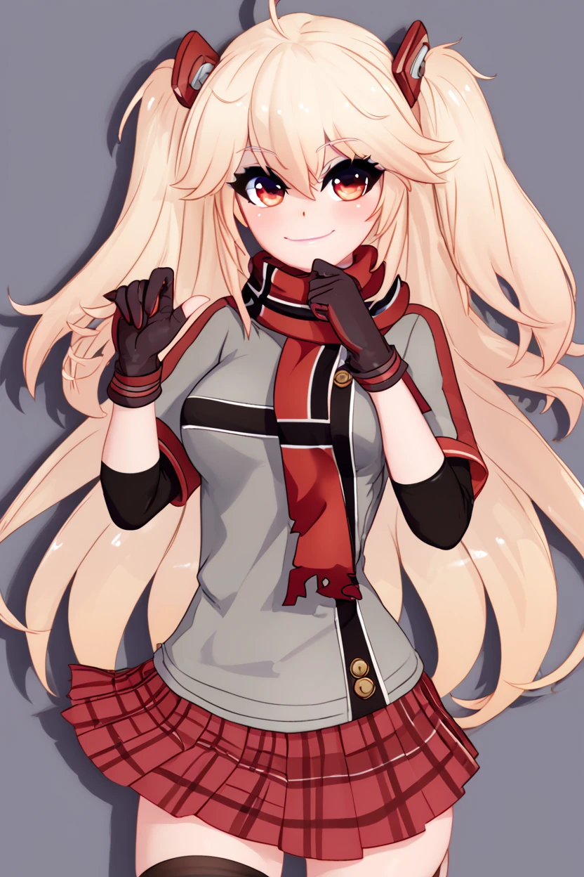 score_9, score_8_up, score_8, medium breasts, (curvy), cute, eyelashes,       ,,, , ,,, zzBlucher, red eyes, hair between eyes, ahoge, blonde hair, hair ornament, long hair, twintails, two side up, scarf, gloves, large breasts, red scarf, black gloves, plaid skirt, grey shirt, double-breasted, pleated skirt, black thighhighs, miniskirt,  <lora:Blucher_Azurlane_PDXL:1.0>,  ,,,, BREAK, smile, closed mouth, looking at viewer, cowboy shot,  ,,, embedding:zPDXL, Expressiveh, ,,, <lora:MantisStyle_PDXL_v2:0.8>, <lora:SDXLFaeTastic2400:0.5>, <lora:Expressive_H-000001:0.4>,