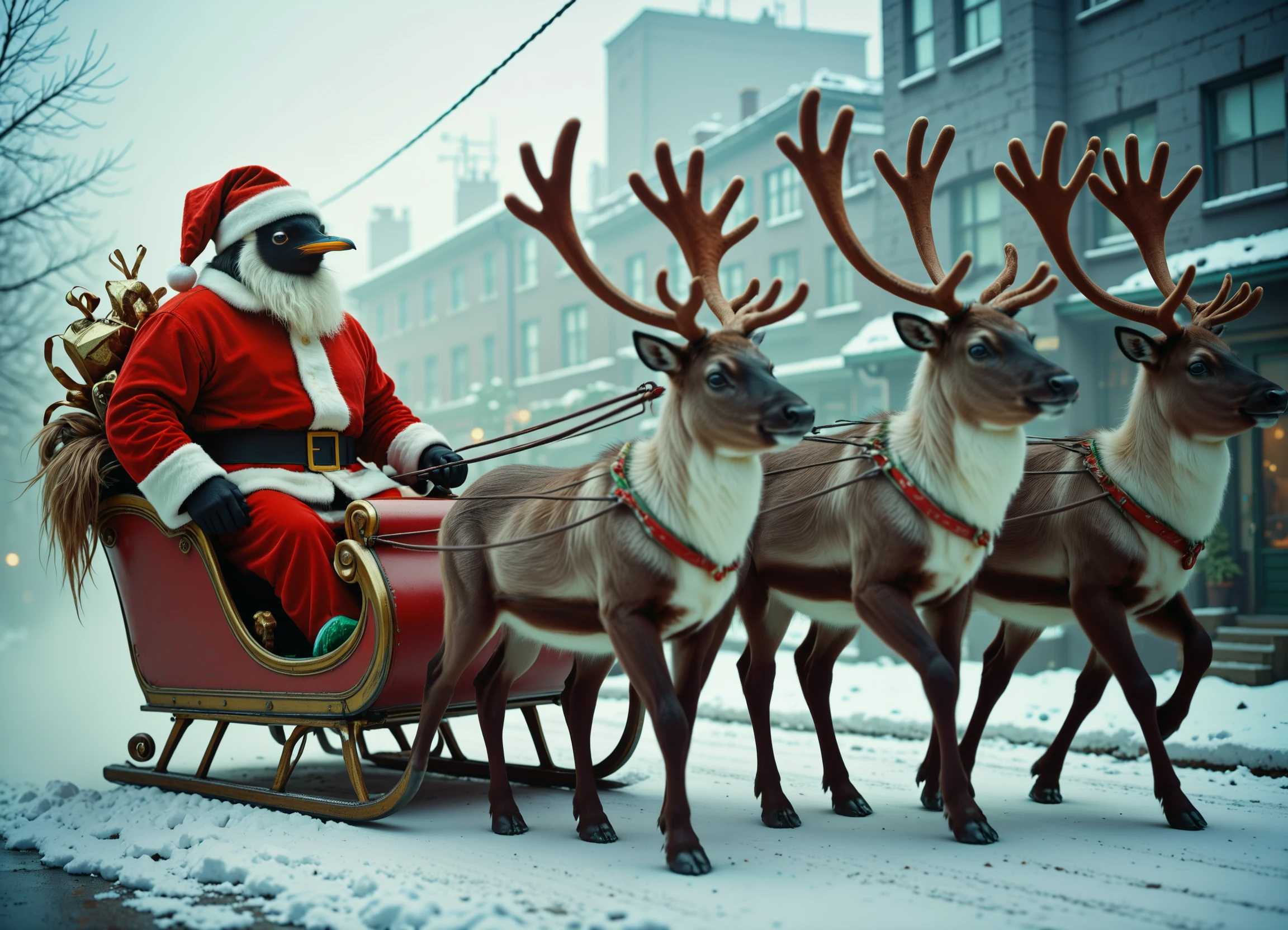 <lora:Santa_Penguin_SDXL:1> s4nt4p3ngu1n, santa hat, landing sleigh being pulled by reindeer on busy city street