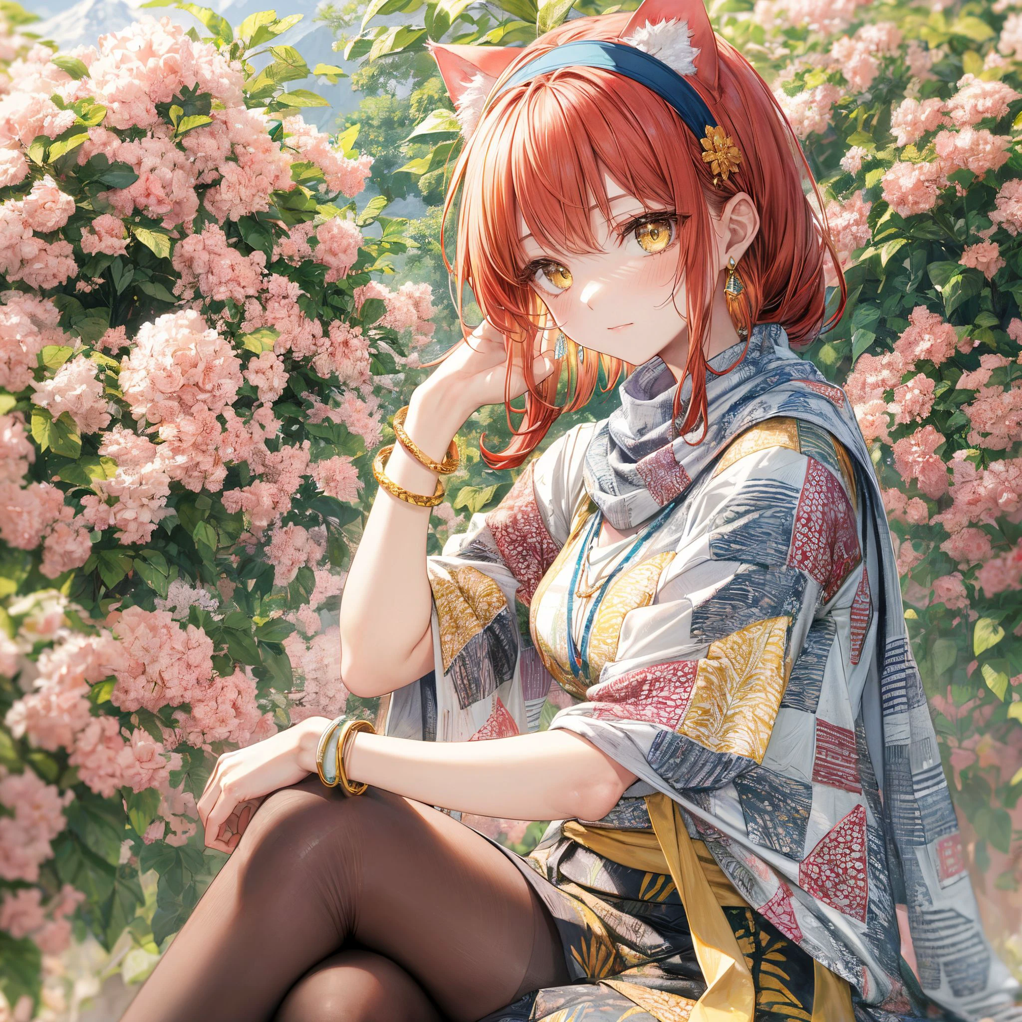 masterpiece, best quality, ultra-detailed, super fine illustration, detailed light, an extremely delicate and beautiful, highres, original, solo girl, Breathtaking cute girl, highly detailed beautiful face and eyes
BREAK
(yellow eyes:1.2), (cat ear:1.1), (gradient red hair:1.2), pony tail, Central African traditional cloth, (wax dyed:1.3), (batik:1.3), (geometric motifs:1.2), wax golden brooch, beaded clothes, slit pupils, hair flower, short sleeves, pagne wrapper skirt, tailored blouse, scooped neckline, embroidery, coordinating scarf, elegant knot, wooden bangles, beaded earrings, necklace, hairband
BREAK
(proud:1.2)
(magnificent panorama view:1.1), (from side:1.2), character forcus, professional lighting, ray tracing
crossed legs, sitting
BREAK
riverside landscape, rolling hills, mountains, lush green foliage
BREAK
BREAK
<lora:flat2:1:1:lbw=1, 0, -0.2, -0.6, 0, 0, -0.2, -0.2, -0.6, -0.2, -0.6, -0.6, -0.6, -0.2, -0.2, -0.2, -0.2 >