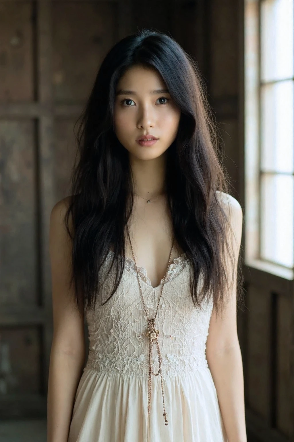 bright photo of beautiful japanese girl with long  black wavy hair wearing bohemian dress, inside a rustic house, necklace, dslr, studio lighting, high quality,  light reflections, blood vessels, pale skin, detailed skin, <lora:flux_realism_lora:1>,<lora:makinaflux_tsuchiyatao_v1.0:1>