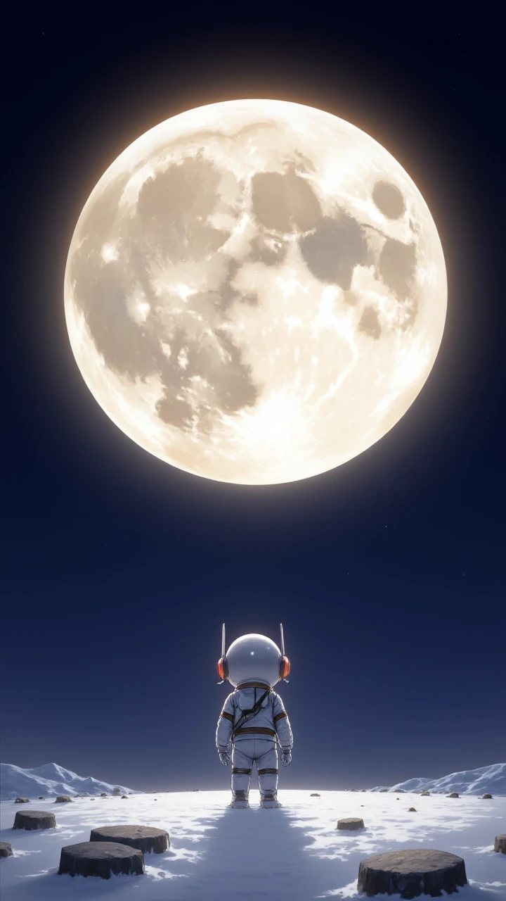 anime chibi anime, In the depths of space, a lone figure dressed in a sleek silver suit and helmet stands tall on the moon's surface. The moon's glowing orb reflects off its smooth surfaces, Hopeful, Albumen, aidmaIllustriousStyle