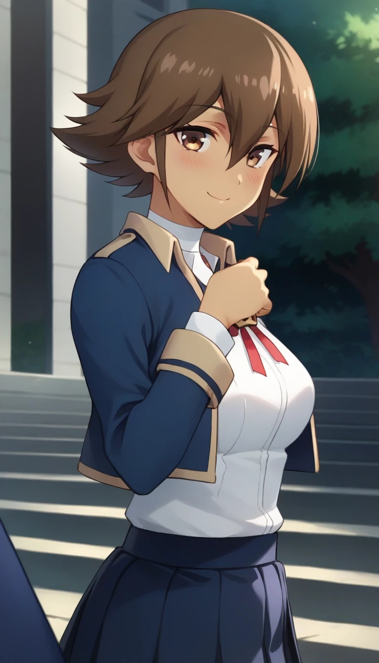 score_9,score_8_up,masterpiece,best quality,correct anatomy,anime_source,1girl,solo,perfect eyes,perfect arms,perfect legs,perfect face,outdoors,upper body,(portrait:1.5),looking at viewer,facing viewer,smile,blush,Yessica,dark-skinned female,short hair,brown hair,sidelocks,hair between eyes,parted bangs,brown eyes,school uniform,choker,blue jacket,cropped jacket,open jacket,red ribbon,turtleneck shirt,white shirt,medium breasts,skindentation,breasts out,long sleeves,miniskirt,blue skirt,pleated skirt,black socks,loafers,<lora:Yessica(ek)-Pony:1.6>,