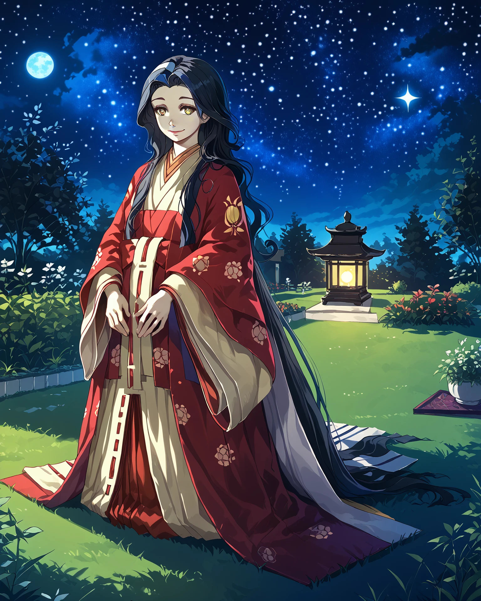 1girl, juunihitoe, wearing juunihitoe, black hair, long hair, smile, garden, nature, grass, lawn, starry sky, night sky, milky way, gold eyes, digital art, masterpiece, absurdres, highest quality, score_9, score_8_up, score_7_up,  <lora:Juunihitoe_XL:1.2>,  full body, <lora:DKXLP:1> DK