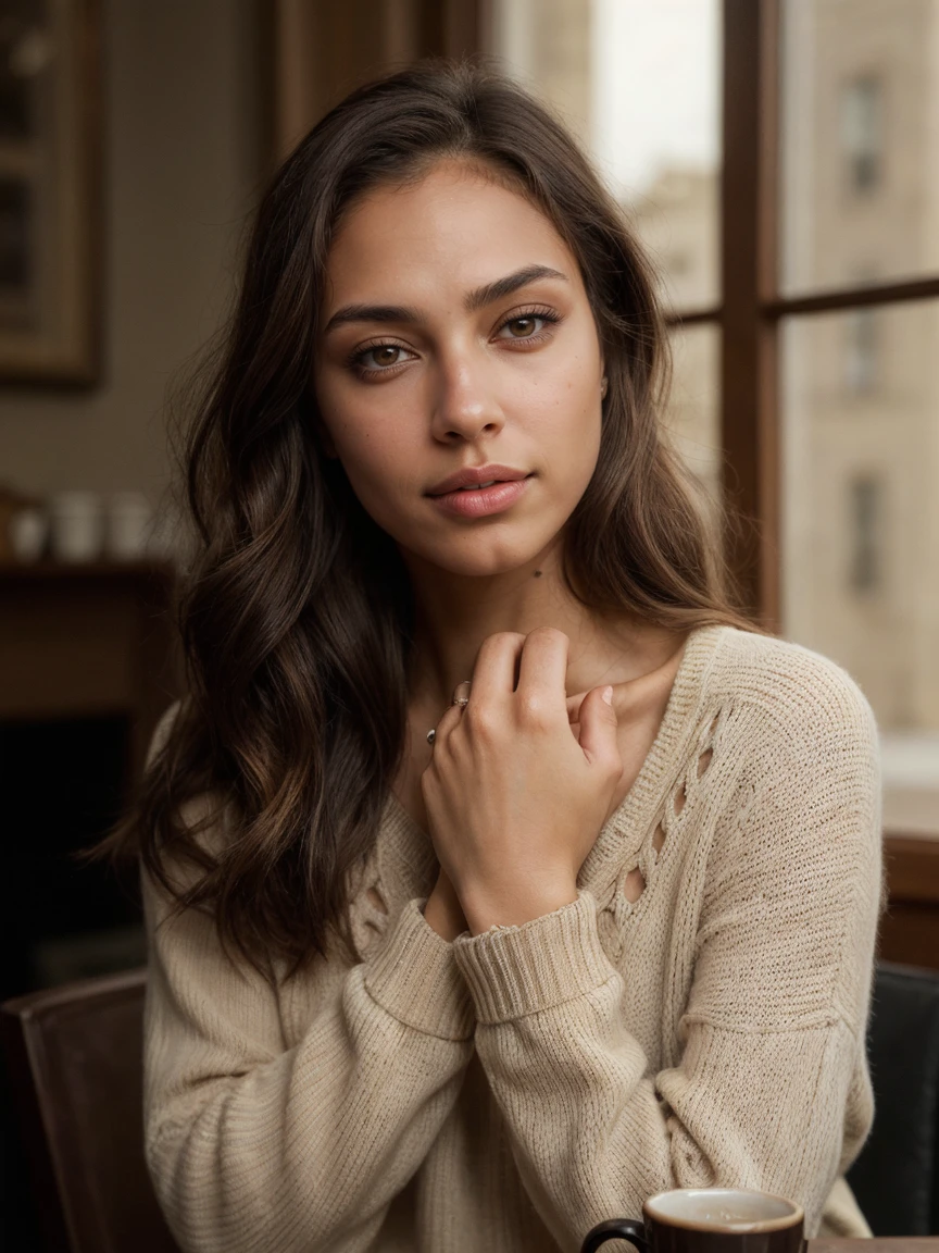 Beautiful brunette with blonde highlights in a beige sweater (in a detailed bedroom, 22 years, Innocent face, chocolate brown, wavy hair, similar brown eyes, high resolution, Masterpiece, best quality, Intricate high detail, Very detailed, Sharp focus, Detailed skin, realistic skin texture, Texture, Detailed eyes, Professional, 4K, charming smile, pouty lips, filmed on Canon, 85 mm, light depth of field, Kodak Vision color, Perfectly fitting body, Extremely detailed, Photographer_(Ultra), photorealistic, Realistic, Post-processing, Maximum detail, Roughness, real life, Ultra realist, Photorealism, Photography, 8K UHD, Photography, very beautiful, ultra realistic, even skin tone, hair not covering face)