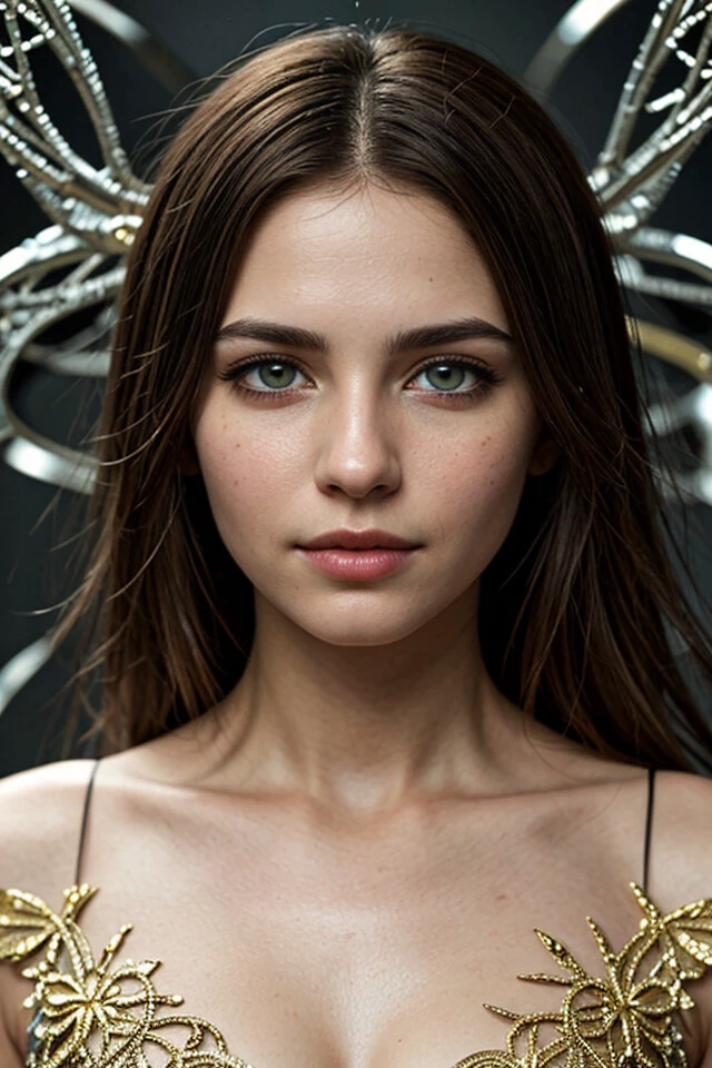 8k portrait of beautiful cyborg with brown hair, intricate, elegant, highly detailed, majestic, digital photography, art by artgerm and ruan jia and greg rutkowski surreal painting gold butterfly filigree, broken glass, (masterpiece, sidelighting, finely detailed beautiful eyes: 1.2), hdr, (detailed background window to a new dimension, plants and flowers:0.7)