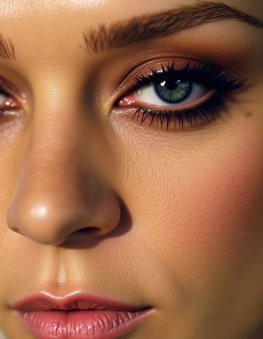 extreme close up of her face showing the texture of her skin which is dry and naturally textured wearing thick gaudy eye makeup    <lora:chloe-sevigny-flux:1> the, her, woman