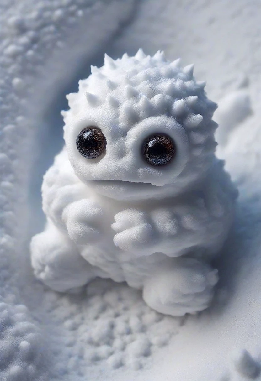 amateur photography, made of snow, best quality, SN0W, tiny creature, high angle, from above