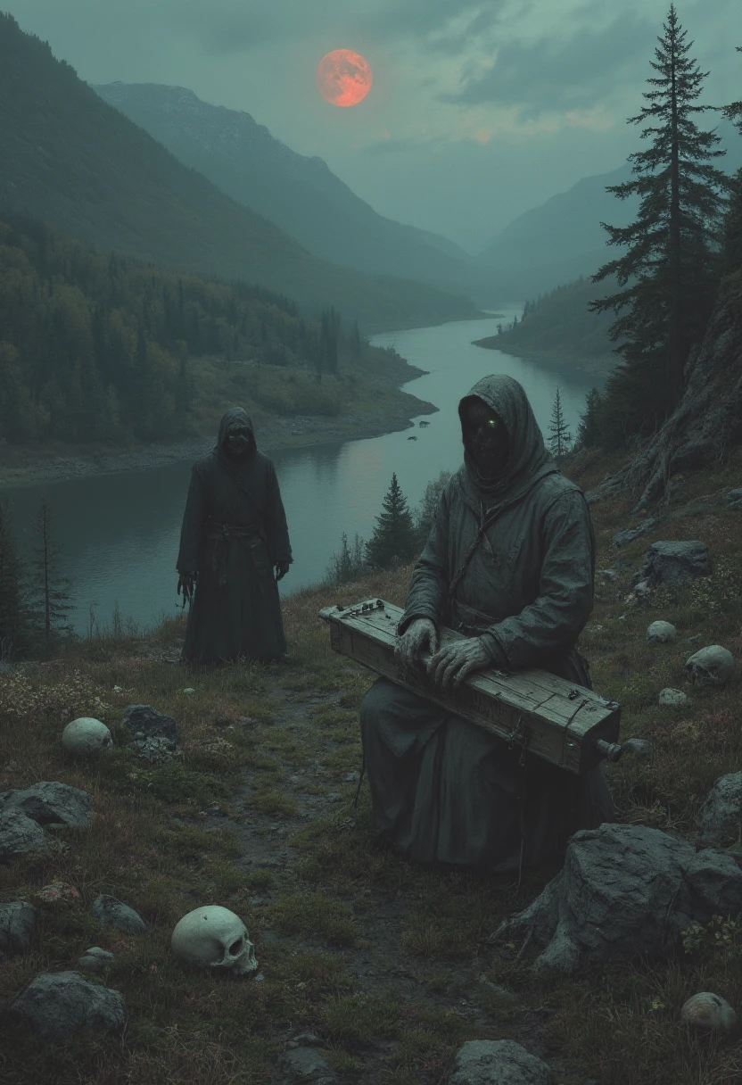 A desolate medieval hillside at twilight, shrouded in a dense, creeping mist. At the center of the scene stands a solitary hurdy-gurdy player, dressed in tattered, hooded robes that blend with the muted tones of the landscape. The figure’s face is obscured, but the bony, claw-like fingers that work the crank and keys reveal something unnatural. Their posture is unnervingly still apart from the rhythmic motion of their hands, as though they are merely a puppet of the cursed melody.

The hurdy-gurdy itself appears ancient and otherworldly. Its wood is gnarled and cracked, as if grown rather than carved, with small, glowing runes etched along its surface that pulse faintly with each note. The crank resembles the gnarled branch of a long-dead tree, and faint whispers seem to drift from the instrument along with its haunting, dissonant tune. A spectral mist pours from the soundholes, coiling into the air like translucent serpents.

The setting is an open meadow bordered by a dense, ancient forest of blackened, skeletal trees, their twisted branches clawing at the sky. In the distance, jagged mountains loom, their peaks obscured by storm clouds swirling in unnatural, geometric patterns. A river snakes through the valley below, its surface reflecting the eerie light of a blood-red moon hanging low on the horizon.

In the foreground, the ground is scattered with ominous details: shattered skulls half-buried in the soil, wilted flowers, and strange, glowing mushrooms that emit an otherworldly green light. Near the musician’s feet, a ring of blackened, burnt grass marks the ground, as if something unholy has recently taken root there.

The air is alive with tension—wild animals in the forest stand frozen, their eyes glowing faintly in the shadows as they watch the figure in terror. In the distance, faint shapes can be seen emerging from the mist, humanoid but distorted, their bodies half-formed, flickering like mirages. They seem to be drawn to the music, moving slowly but relentlessly toward the musician.

The sky above shifts unnaturally, with stars appearing and disappearing in strange patterns. A faint, keening wind carries the sound of the hurdy-gurdy far and wide, blending with the whispers of the mist, creating an atmosphere of dread and inescapable fate.