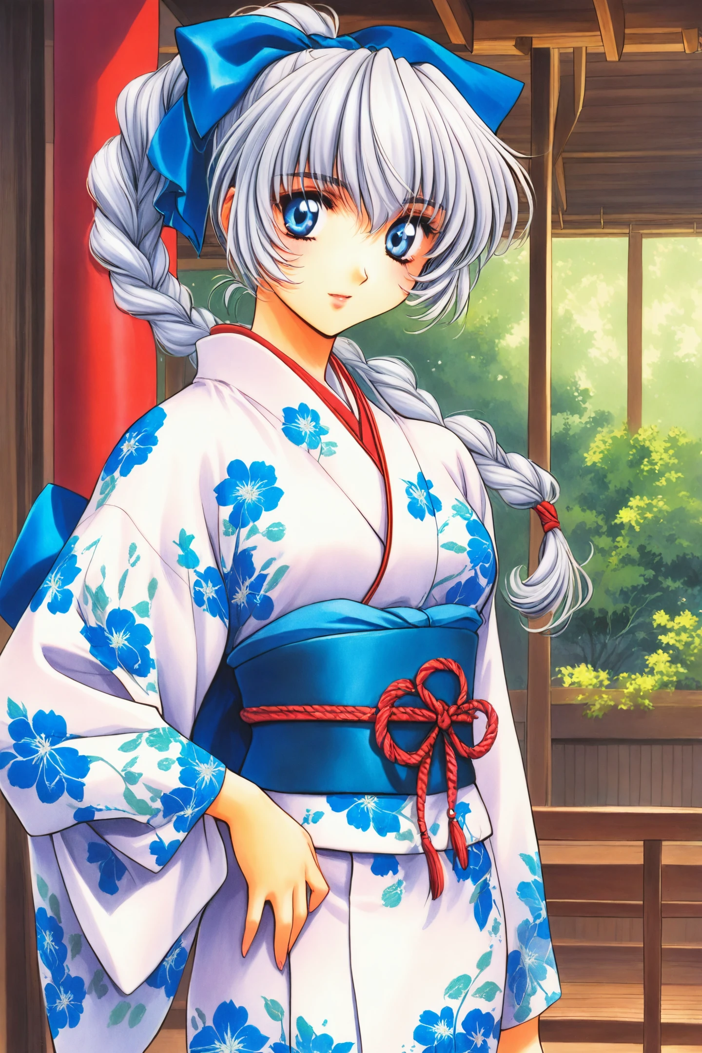 Teletha Testarossa,1girl,solo,grey hair,blue eyes,blue bow,braided ponytail,japanese clothes,white kimono,wide sleeves,sash,blue floral print,blue obi,standing,traditional media,looking at viewer,upper body,
<lora:Shiki Doji_illustriousXL:0.8>,