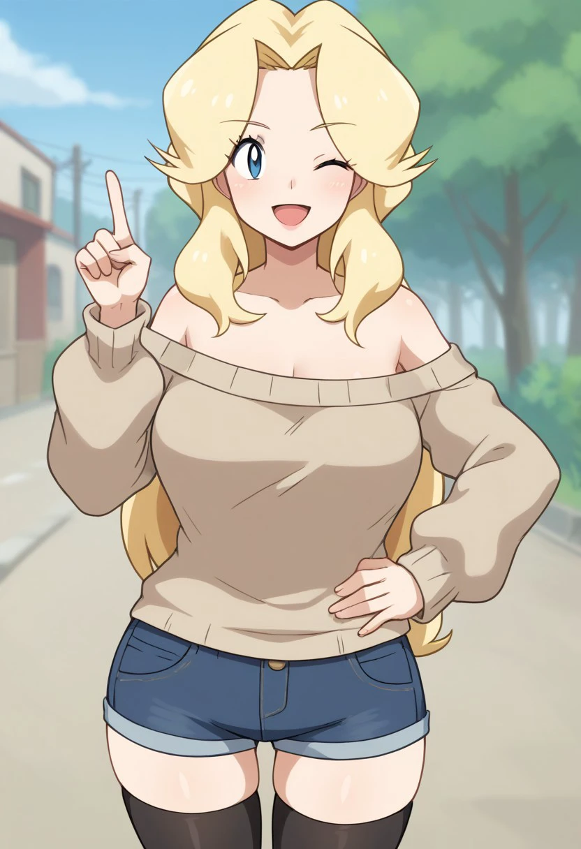 (source_anime, score_9, score_8_up, score_7_up:1), 1girl, solo, trainerallie, allieoutfit, beige off-shoulder sweater, denim shorts, thigh highs, (large breasts:0.75), (pink lips:0.75), looking at viewer, smile, one eye closed, hand on hip, pointing, open mouth, outdoors, pokemon \(classic anime\), anime screencap