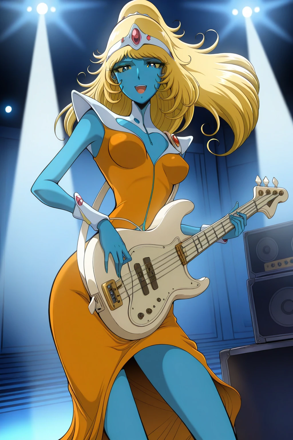 masterpiece, best quality, amazing quality, absurdres, solo, stella5555, smile, open mouth, looking at viewer, playing guitar, bass guitar, blonde hair, blue eyes, ponytail, white shoulder pads, blue skin, orange dress, indoors, stage, spotlight, stage lights