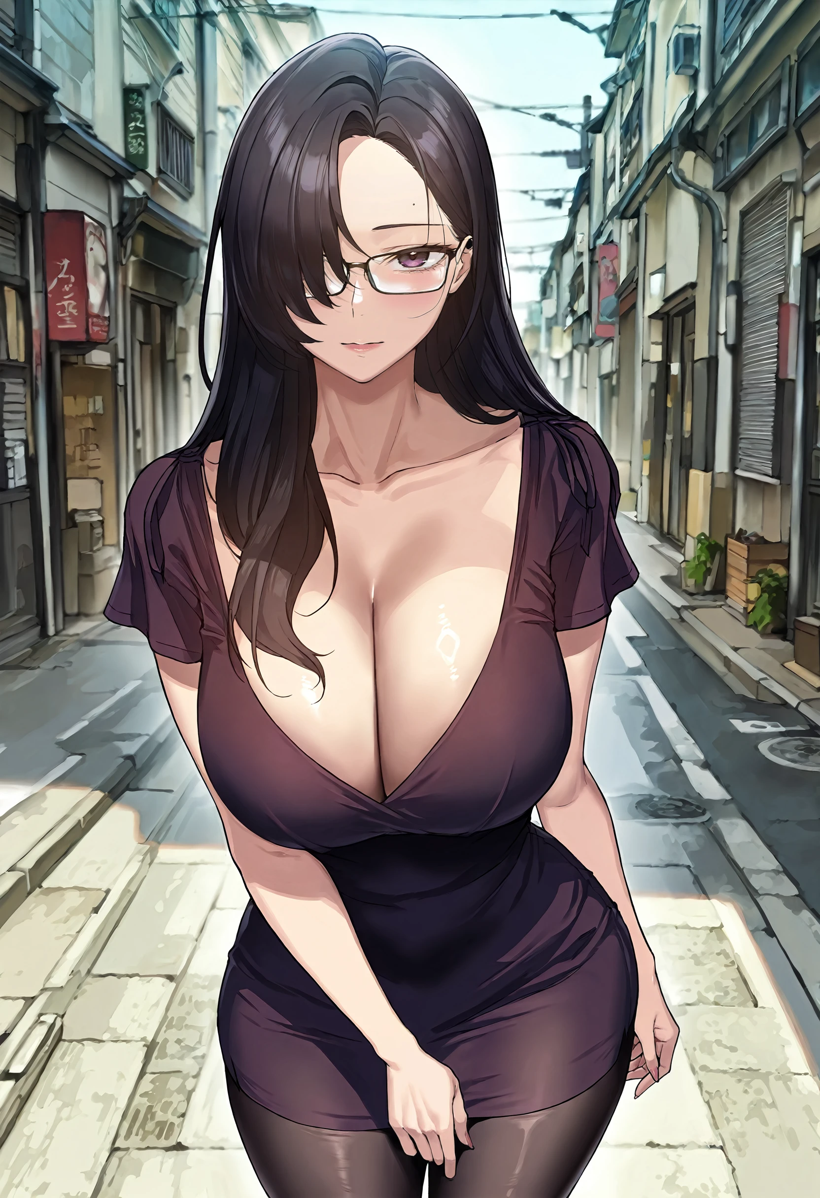 masterpiece, best quality, amazing quality, very aesthetic, absurdres, newest, scenery, 1girl, (solo:1.1), huge breasts,<lora:Baek Seolhee illustxl:1>long hair, black hair, mature female, brown hair, purple eyes, brown eyes, hair over one eye, black-framed eyewear, purple dress, cleavage, collarbone, short sleeves, short dress, black pantyhose, upper body, standing, street, outside, looking at viewer, shiny skin, masterpiece, best quality, amazing quality, very aesthetic, absurdres, newest, scenery