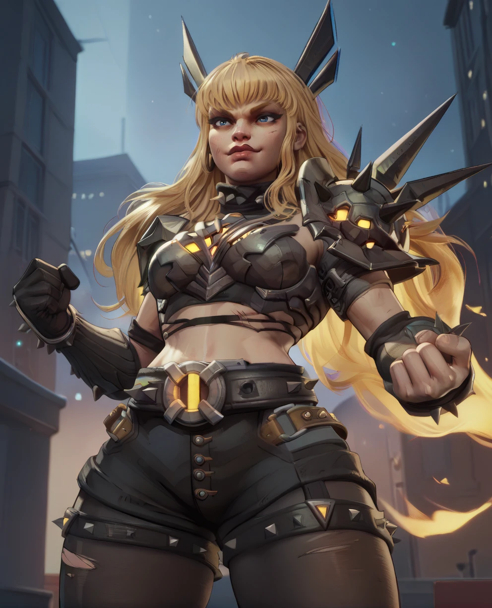 score_9,score_8_up,score_7_up,score_6_up,score_5_up,score_4_up,
magikmr,blonde hair,blue eyes,metal horns,long hair,bangs,clenched hand,
armor,crop top,shoulder pads,spikes,asymmetrical gloves,belt,
solo,smug,standing,from below,  
yellow aura,
night,city,<lora:MagikMR:0.9>,