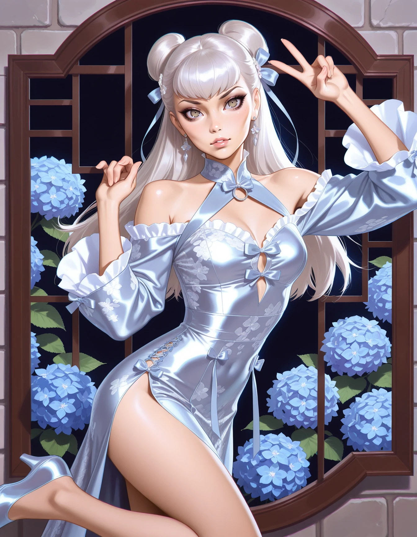 ilya kuvshinov,  1girl, solo, the the baddest evelynn,  hair ribbon, cross-laced clothes, shiny iridescent glowing satin,  mature female wearing rococo cheongsam, off-shoulder, frills, floral print, bows, ribbons, cowboy shot,  victory pose, one leg up,<lora:RococoCheongsam-ILXL42:0.8> storybook cobblestone cottage, blooming hydrangeas, whitewashed walls, candlelit windows, twilight serenity masterpiece, best quality, very aesthetic, newest