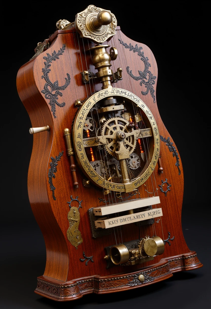 This hurdy-gurdy is a marvel of Victorian-inspired ingenuity, crafted from rich, polished mahogany and accented with gleaming brass fittings. Its body is adorned with delicate, hand-engraved filigree of gears, cogs, and floral motifs, blending elegance and mechanical intricacy.

The crank is a brass masterpiece, shaped like an ornate ship’s wheel, with tiny rivets and bolts along its edges. As it turns, a network of visible gears and pistons within the hurdy-gurdy’s frame whir and click, giving a sense of mechanical life to the instrument. The strings are traditional gut but reinforced with thin copper wire, creating a warm, metallic resonance.

The soundboard features a small glass window revealing a rotating central gear surrounded by steam valves that puff faint wisps of vapor in time with the music. The wheel is edged in brass and engraved with tiny markings resembling the face of an antique clock.

The keys are crafted from ivory and brass, each key topped with tiny engraved symbols reminiscent of alchemical runes. The edges of the instrument are lined with riveted leather accents, and small copper pipes extend from the sides, adding a functional, steam-powered aesthetic. Tiny amber lights flicker within the machinery, casting a warm glow that makes the entire instrument feel alive.