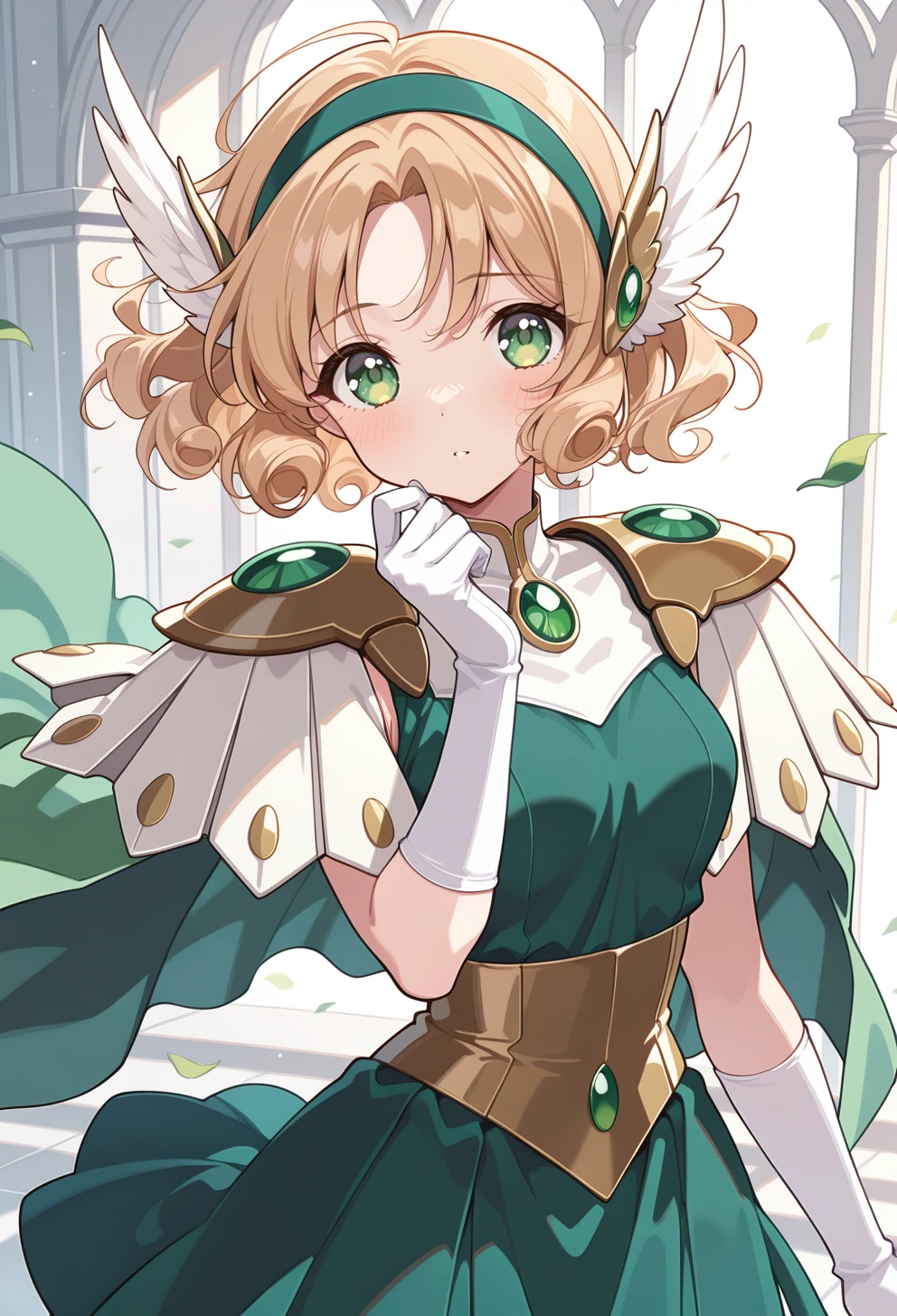 masterpiece, best quality, high quality, anime, solo,  <lora:AEFuuillx:1>
AEFuuFinal, green eyes, light brown hair, curly hair, parted bangs, short hair, green hairband, hair ornament, head wings, wing hair ornament, armored dress, green cape, elbow gloves, gem, green dress, green gemstone, pauldrons, sleeveless,white gloves, white footwear,