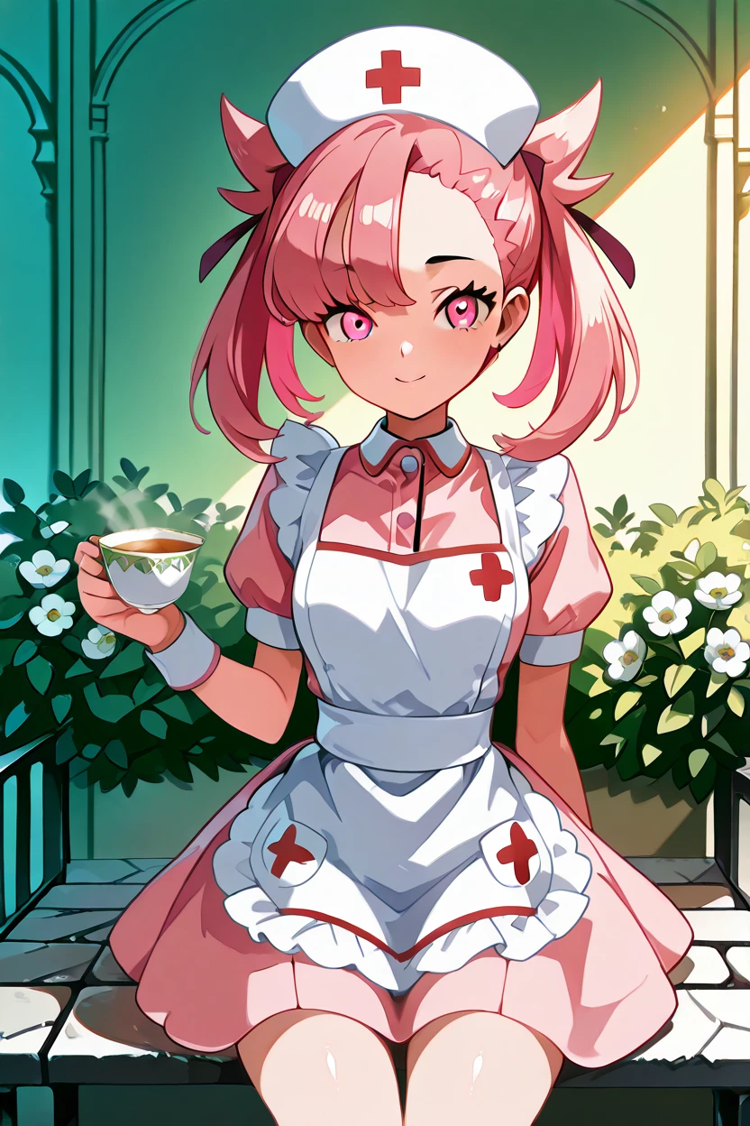 masterpiece, best quality, 1girl, solo, (beautiful eyes),    zzNurseMarnieCitron, pink eyes, hair ribbon, medium hair, pink hair, asymmetrical bangs, ribbon, nurse, light pink dress with dark green embroidery, white apron, nurse cap with a small pink flower tucked into the side, sitting on an ornate stone bench beneath an archway of pink climbing roses, surrounded by lush green hedges and ivy, holding a delicate teacup, warm and peaceful smile, golden sunlight casting soft shadows across the garden, whimsical and romantic setting     <lora:NurseMarnieIXL:1.0>,   <lora:HaradaTakehitoIXL_v3:1.3>,