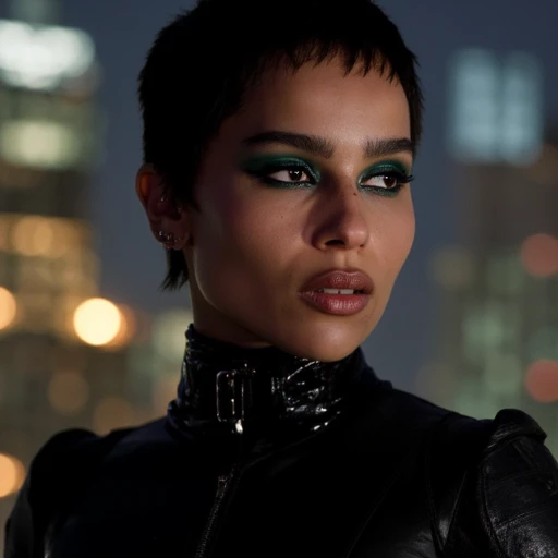 defined facial features. Her makeup is bold, smooth skin tone. She is dressed in a striking black latex outfit, enhancing the mysterious and intimidating atmosphere. Her skin tone appears light, cityscape background with lit-up buildings, dramatic photograph of a young woman with a short, almond-shaped eyes accentuated with subtle, pixie-cut hairstyle and a light brown complexion, zippers