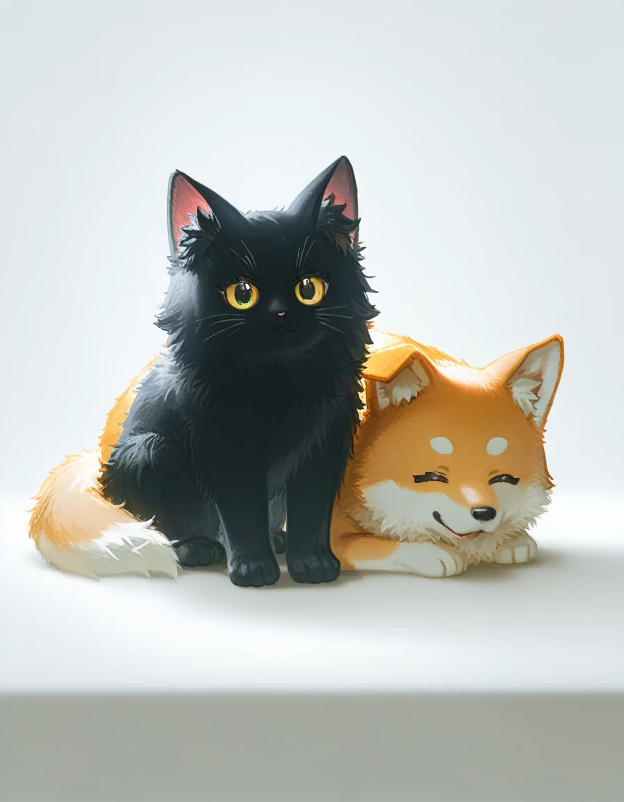 masterpiece, best quality, good quality,
a cat and a dog, 2 animals, animal focus, naga_u, [quasarcake], dog, shiba inu, cat, black cat, white background, happy animals, cartoon
photo \(medium\), cgi, highres, absurdres, great detail, best lighting, light particles, ue5