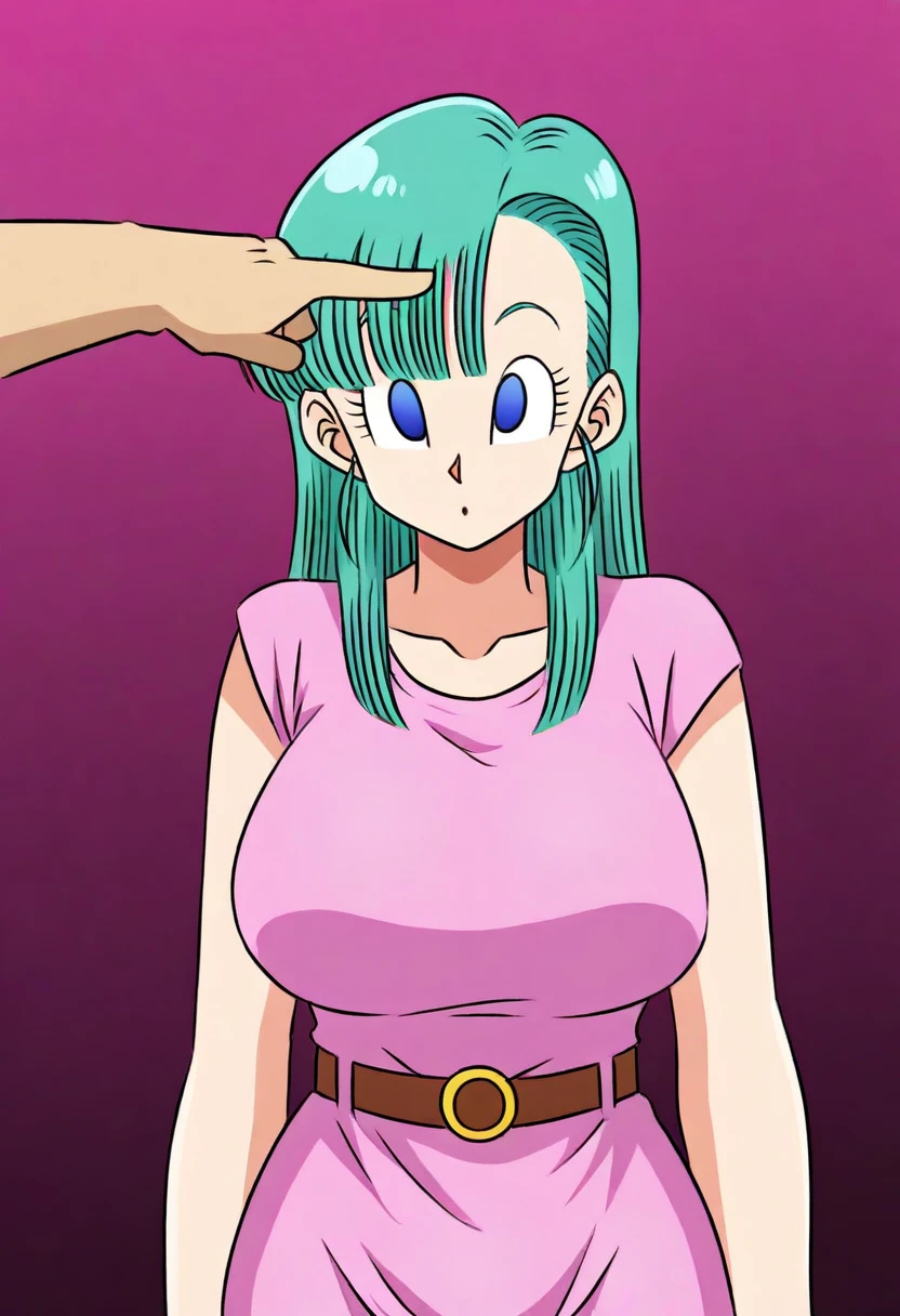 1girl, bulma, finger_to_forehead, f1nger_f0rehead, mind_control, empty_eyes, <lora:Finger_to_forehed_-_illustrious:0.8>