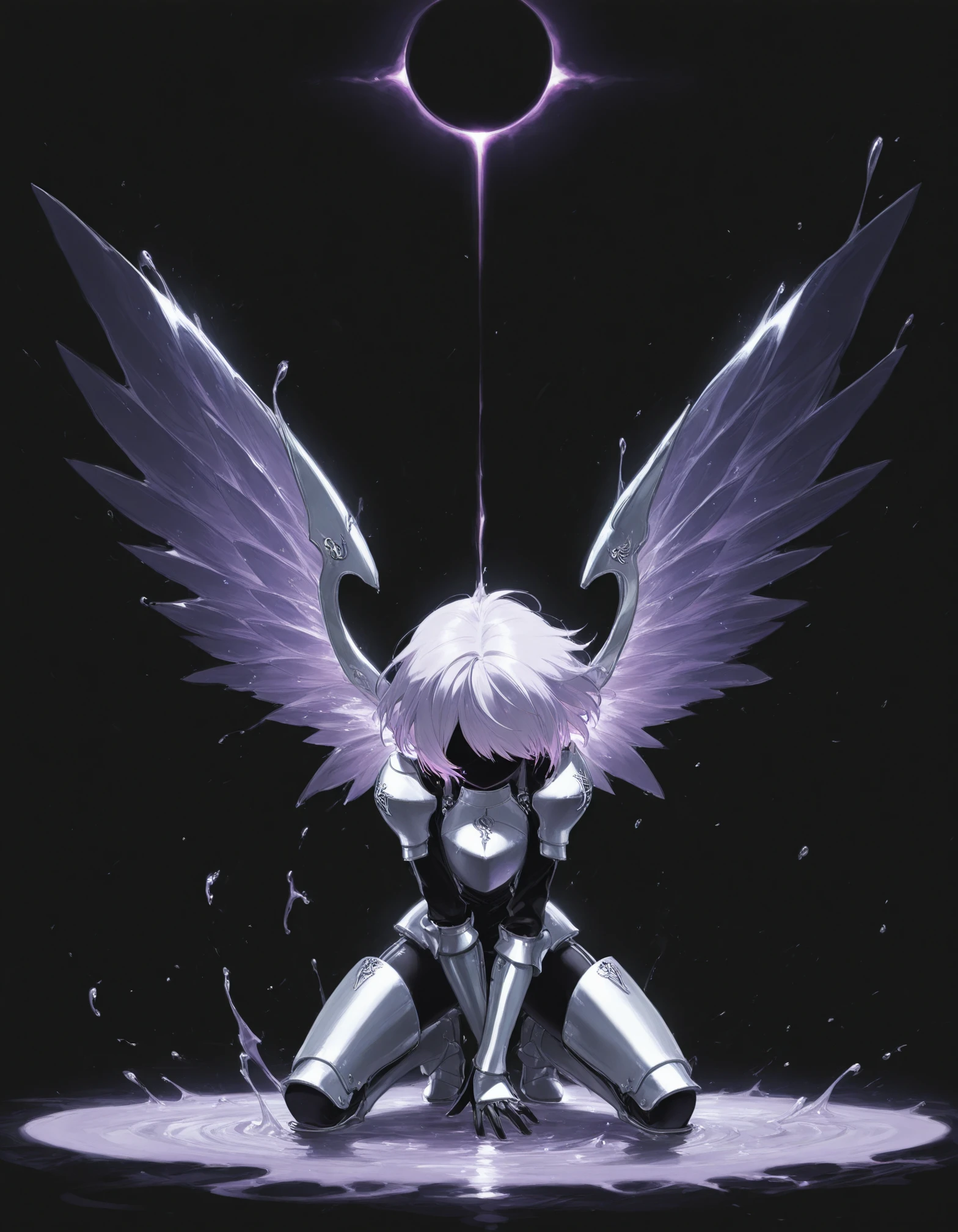 masterpiece, best quality, good quality,
female, short hair, armored, lavender color, black, silver insignia, vivid, covered eye, dynamic pose, particles, motion, black background, liquid, kneeling, splash, wrapped oversized wings, eclipse in background,