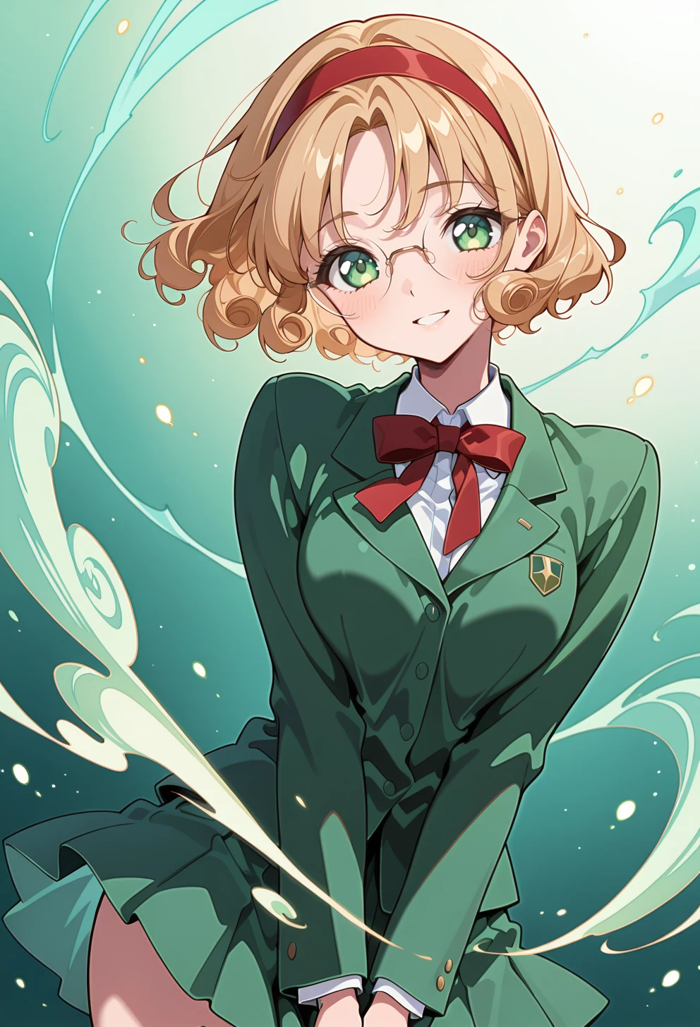 masterpiece, best quality, high quality, anime, solo,  <lora:AEFuuillx:1>
AEFuuDef, green eyes, curly hair, parted bangs, short hair, glasses, rimless eyewear, round eyewear, red hairband, school uniform, green jacket, blazer, long sleeves, collared shirt, white shirt, red bowtie, green skirt, miniskirt, pleated skirt, 
standing, smile, portrait, wind, green wind, v arms, green background, gradient background, aqua background, leaning to the side, magic, light particles,