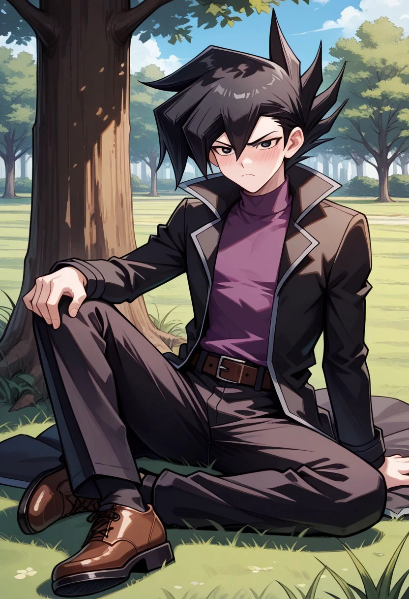 masterpiece, best quality, 
chazzgx, 1boy, male focus, solo, black eyes, black hair, spiked hair, bangs, hair between eyes, shirt, purple shirt, turtleneck, coat, black coat, long sleeves, open coat, open clothes, belt, pants, black pants, shoes, brown footwear
outdoor, sky, tree, grass, sitting, on ground, frown, blush