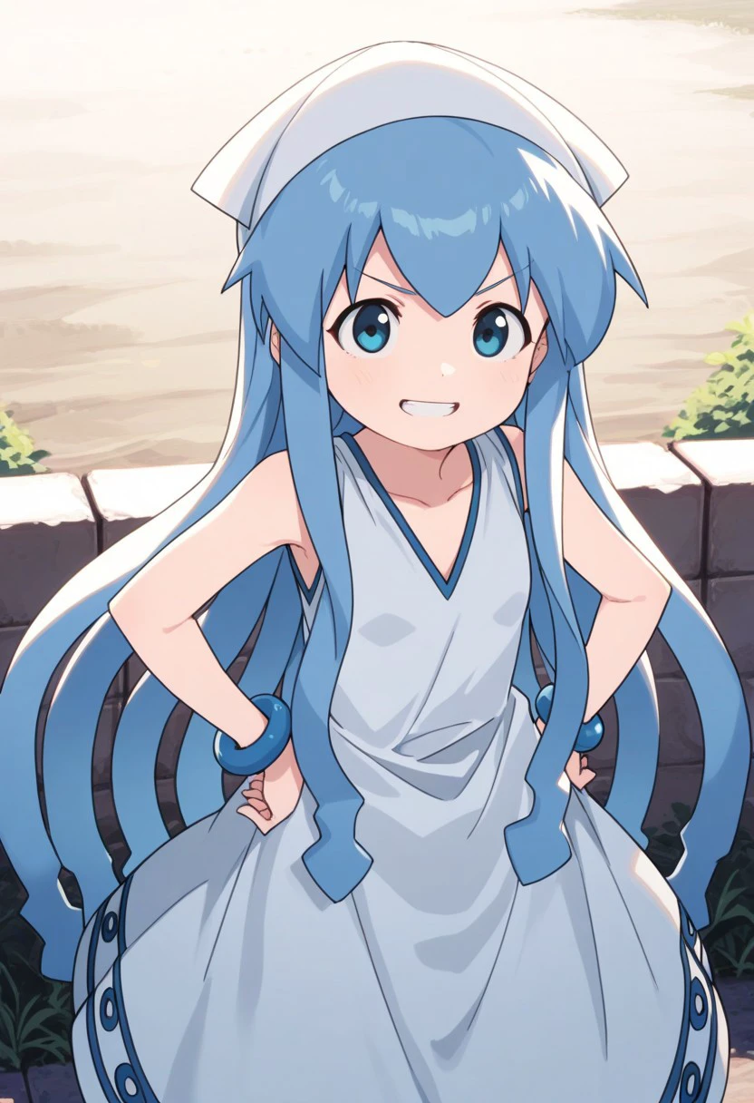 masterpiece, best quality, 
ika, 1girl, solo, blue eyes, blue hair, tentacle hair, long hair, hat, white headwear, dress, sleeveless dress, white dress, jewelry, bracelet,hands on hips, smile, grin,
outdoor,