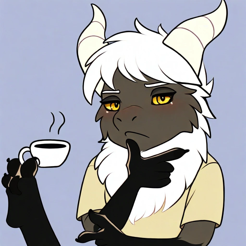 mikus-concept, thinking pose, hand on chin, foot holding cup, upper body, furry, anthropomorphic, anthro, black fur, dragon, white hair, white horns, yellow eyes