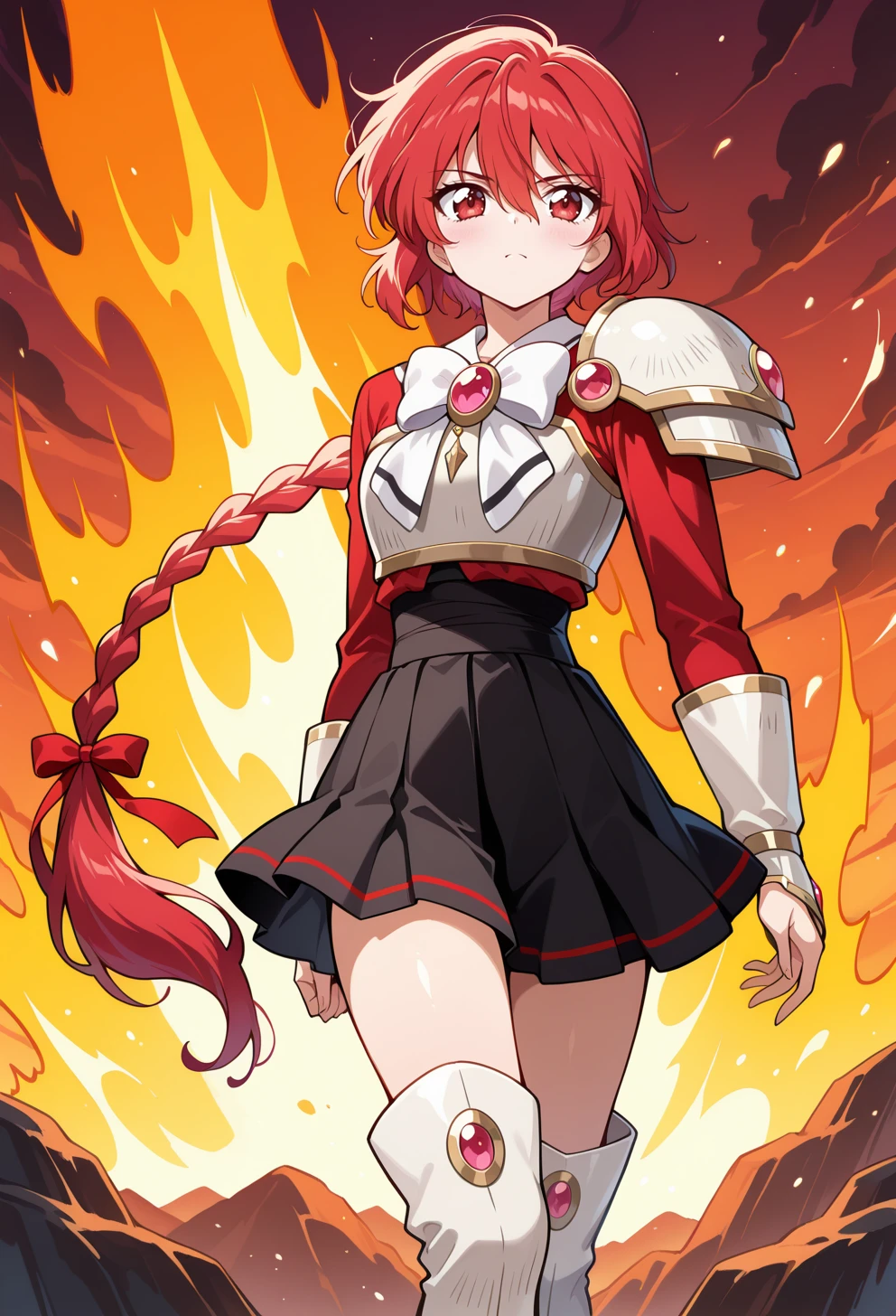 masterpiece, best quality, high quality, anime, solo, <lora:AEHikaruillx:1>
AEHikaruKnight, red eyes, red hair, braided ponytail, hair between eyes, hair ribbon, long braid, long hair, single braid, breastplate, pauldrons, shoulder armor, gem, black skirt, boots, kneeboots, white footwear,
 confident, outdoors, fire background, cowboy shot,