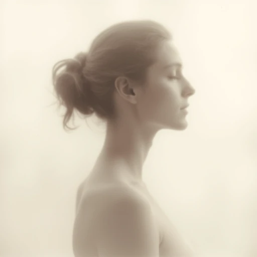 an aesthetic, minimalist depiction of a female profile in side view. The focus is on the soft contours and calm, monochromatic tones. The scene feels mystical and dreamy, almost as if viewed through a delicate mist, with gentle light accentuating the silhouette. The background is diffuse and creamy white, drawing attention to the elegant simplicity of the figure.