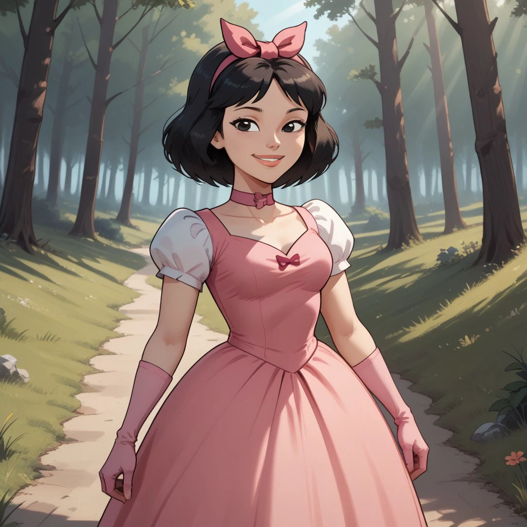 score_9, score_8, BREAK, solo, total drama, 1girl, black hair, pink hair bow, black eyes, lips, pink choker, pink short dress, light pink gloves, pink footwear, Ella_(Total_Drama), tdpi, cute, sexy pose, self portrait, smile, outdoors, sunlight, shadows, evening lighting, natural lighting, forest, trees, grass, orange sky, sunset
