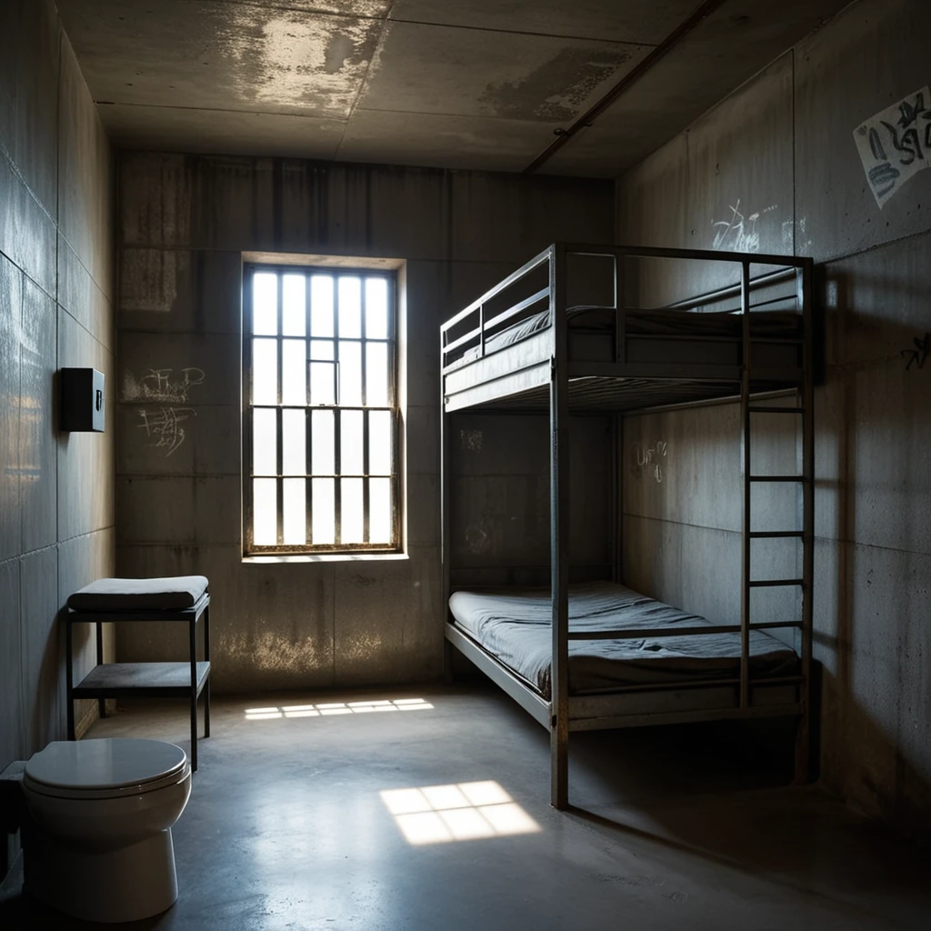 A dimly lit prison cell with cold, gray concrete walls, a small barred window letting in a faint beam of light, and a bunk bed with a steel frame and thin, worn mattresses stacked one above the other. A simple steel toilet is positioned in the corner, and a scratched wooden desk sits nearby. The atmosphere feels oppressive and isolated, with shadows casting stark contrasts on the walls. The floor is cracked and uneven, and faint graffiti etched into the walls hints at the stories of previous occupants. The room exudes a sense of confinement and solitude.