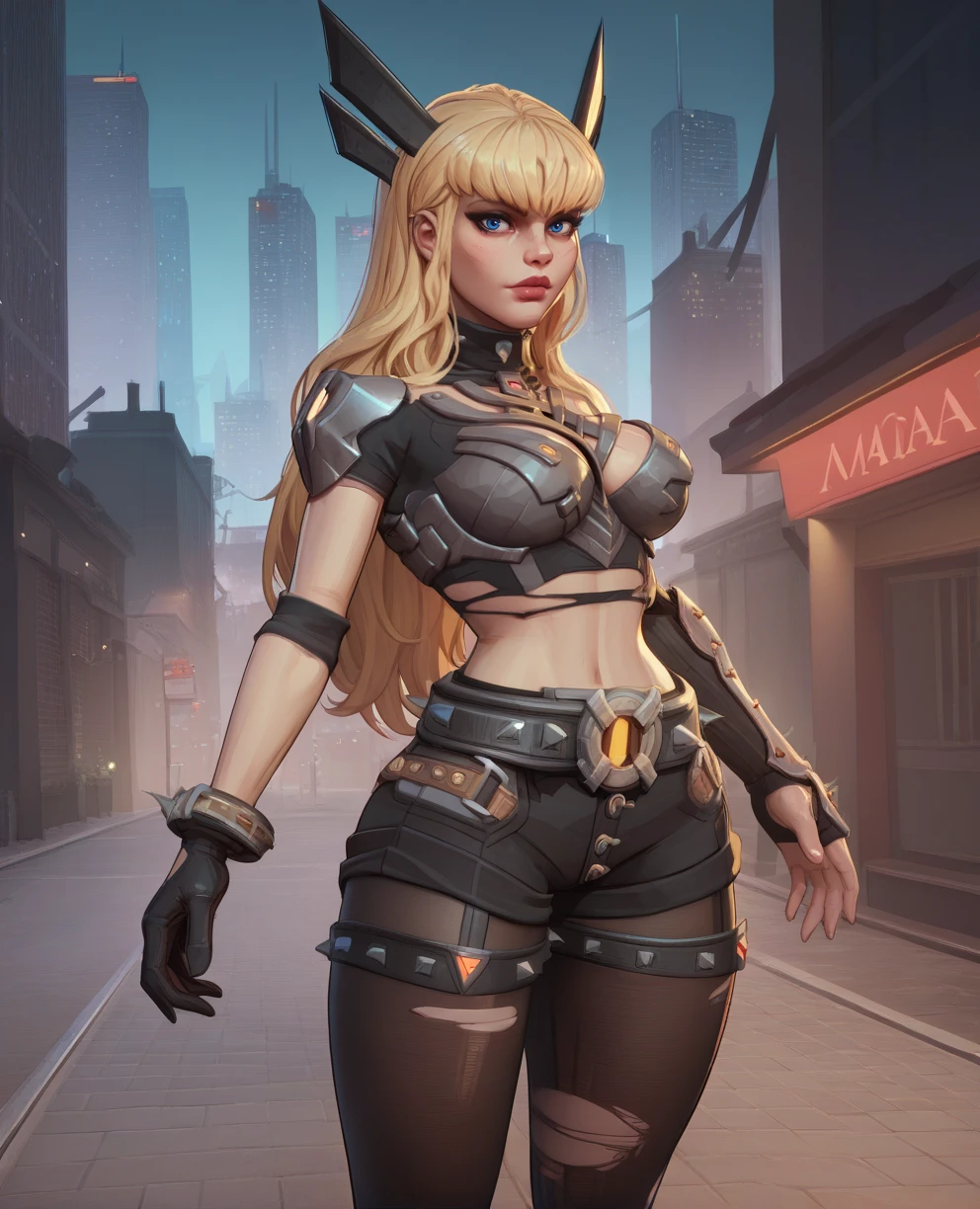 score_9,score_8_up,score_7_up,score_6_up,score_5_up,score_4_up,
magikmr,blonde hair,blue eyes,metal horns,long hair,bangs,
armor,crop top,asymmetrical gloves,belt,hips,pantyhose,looking at viewer,
solo,cleavage,
night,city,
<lora:MagikMR:0.9>,