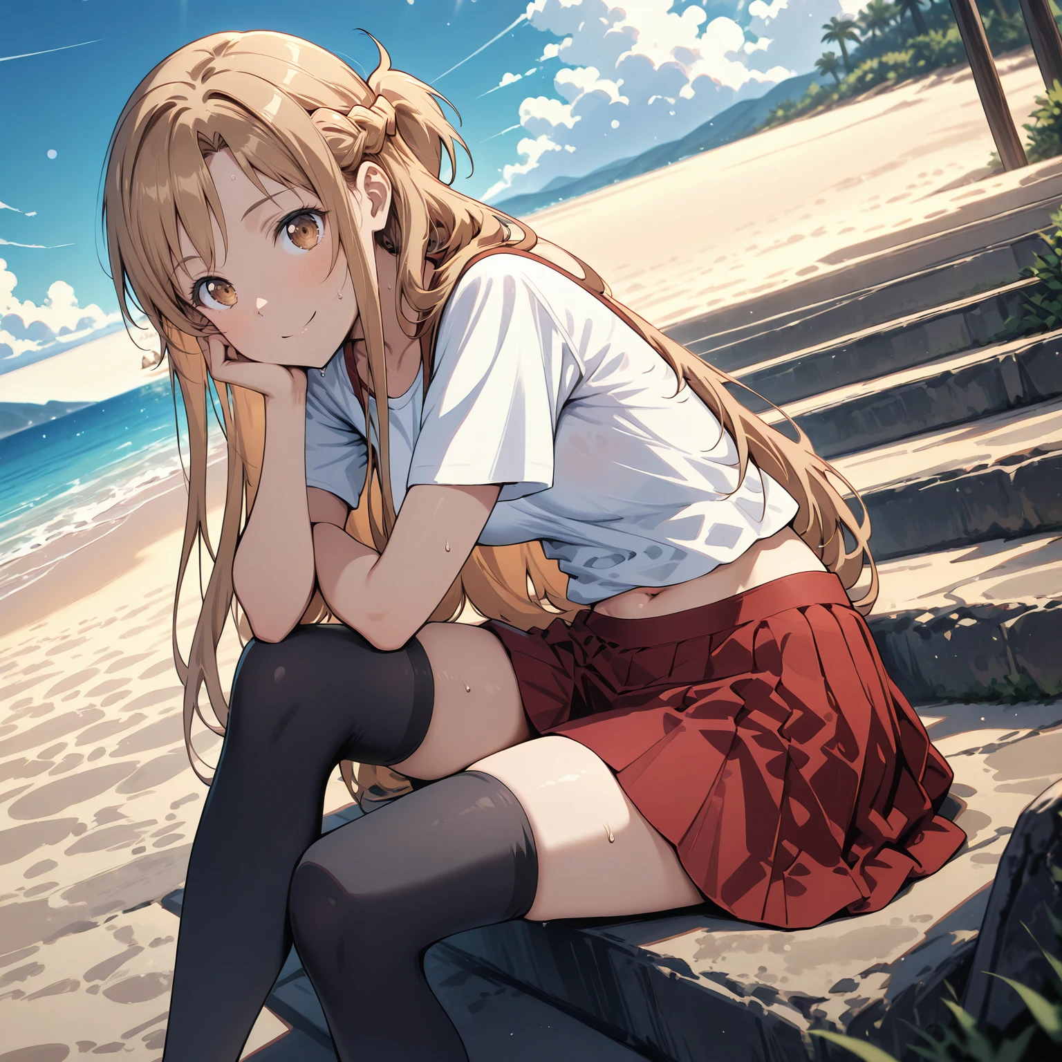 masterpiece,best quality,amazing quality, <lora:IL_Asuna_Sword_art_online_progressive_Aria:0.7> asopavp, asuna \(sao\), brown hair, long hair, half up braid, brown eyes, casual, white shirt, short sleeves, navel, red pleated skirt, black thighhighs, zettai ryouiki, red high heels, depth of field, sitting, on stone stairs, (beach:1.2), sweat, head rest, smile, dutch angle,  <lora:IL_Dreamy_soft_lines_for_Pony:1.2> dresofl