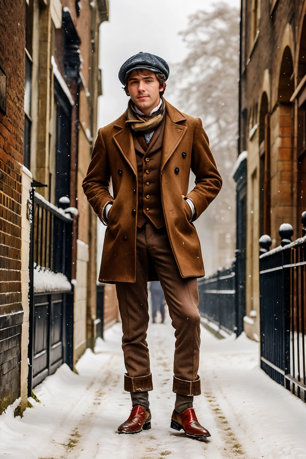 19th century London street, snow, Dickensian style, slightly smiling, KodyKnight, Victorian style working class clothes, tattered brown jacket, Victorian (flat cap), scarf, (male focus), (((full body portrait))), wide angle  <lora:KodyKnight:0.8>