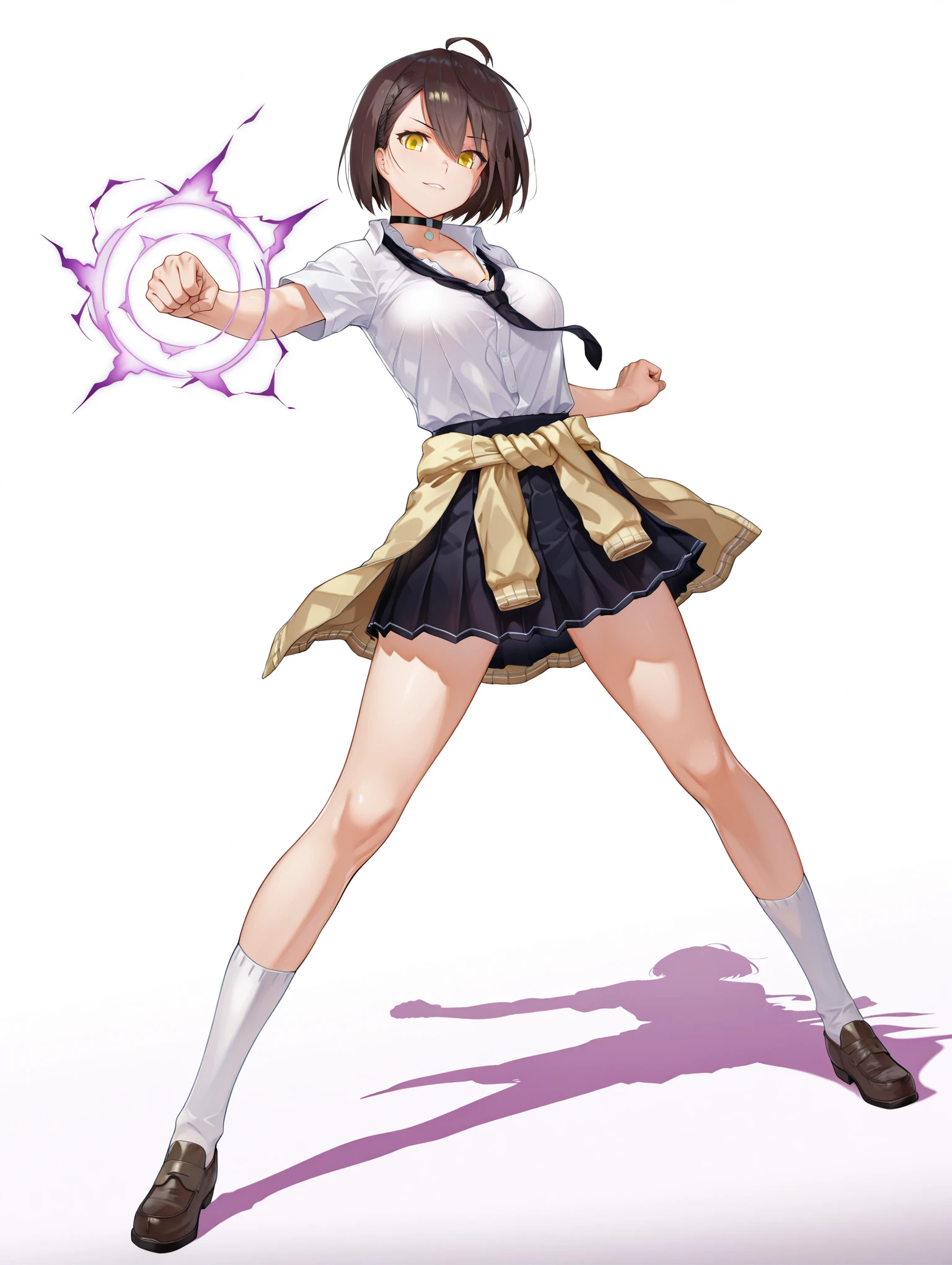 masterpiece,best quality,amazing quality,
solo,1girl,
<lora:baerdimore_ilxl_v1:1>,baerdimore,brown hair,yellow eyes,ahoge,short hair,
b_uniform,choker,white socks,short sleeves,black necktie,clothes around waist,loose necktie,pleated skirt,brown loafer,
full body,
purple electricity,magic,fist,clenched fist,<lora:Fixhands_anime_bdsqlsz_V1:1>,dynamic_angle,cinematic_angle,looking_at_viewer,standing,posing,simple_background,white_background,face_focus,parted lips,smirk,full body,spread legs,fighting_stance,serious,