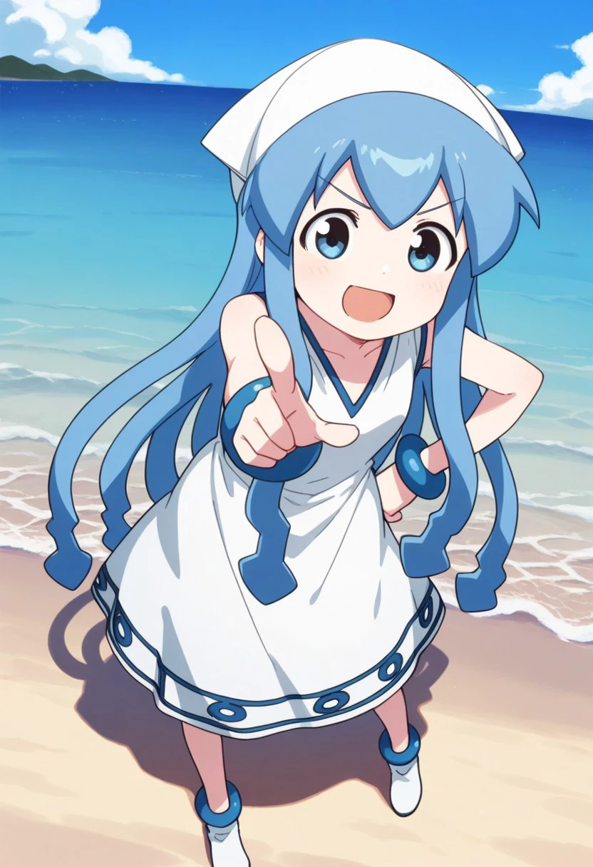 masterpiece, best quality, 
ika, 1girl, solo, blue eyes, blue hair, tentacle hair, long hair, hat, white headwear, dress, sleeveless dress, white dress, jewelry, white footwear, hand on hip, pointing at viewer, smile, open mouth,
outdoor, beach, ocean